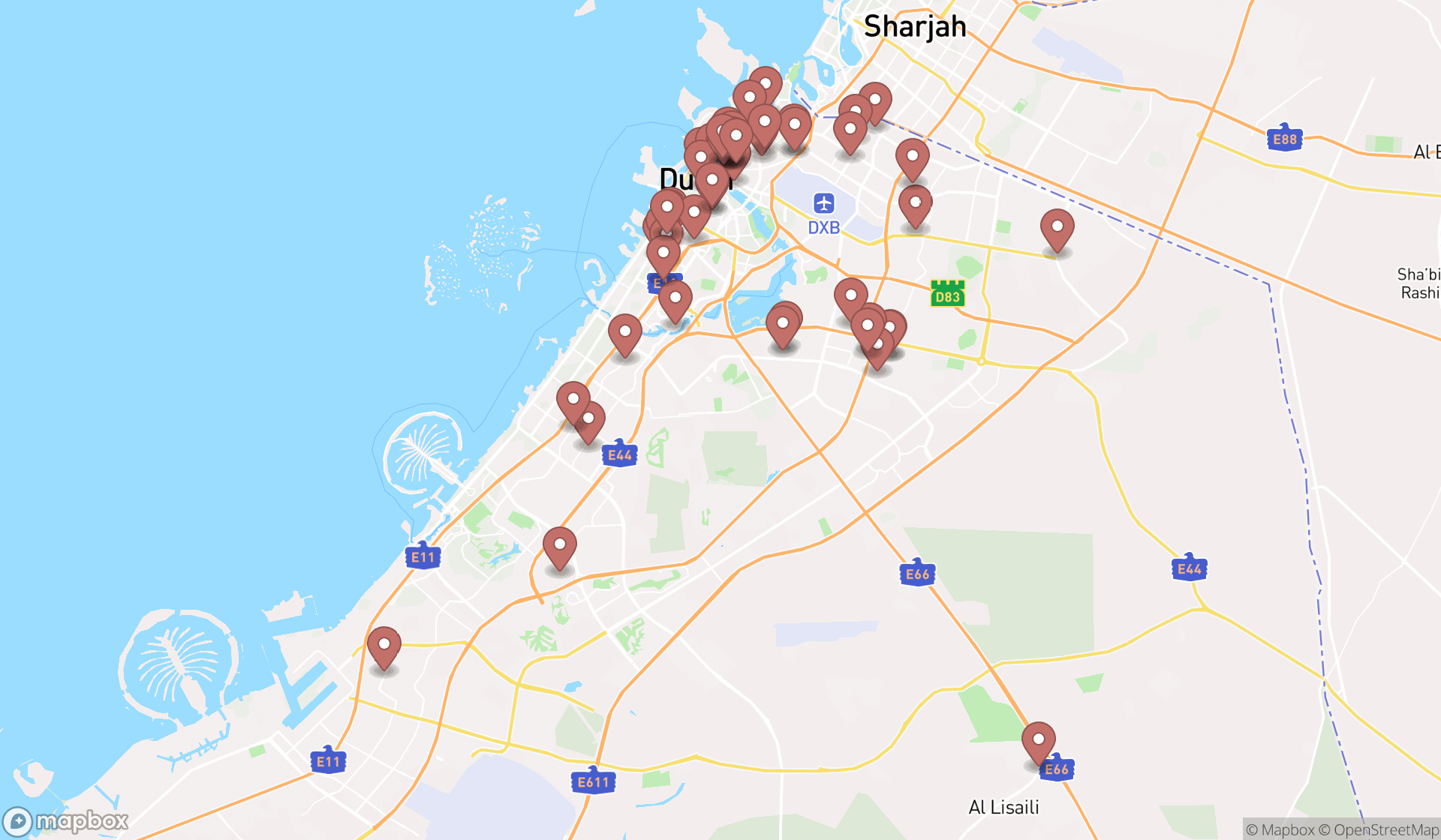 Map showing the search results in Dubai