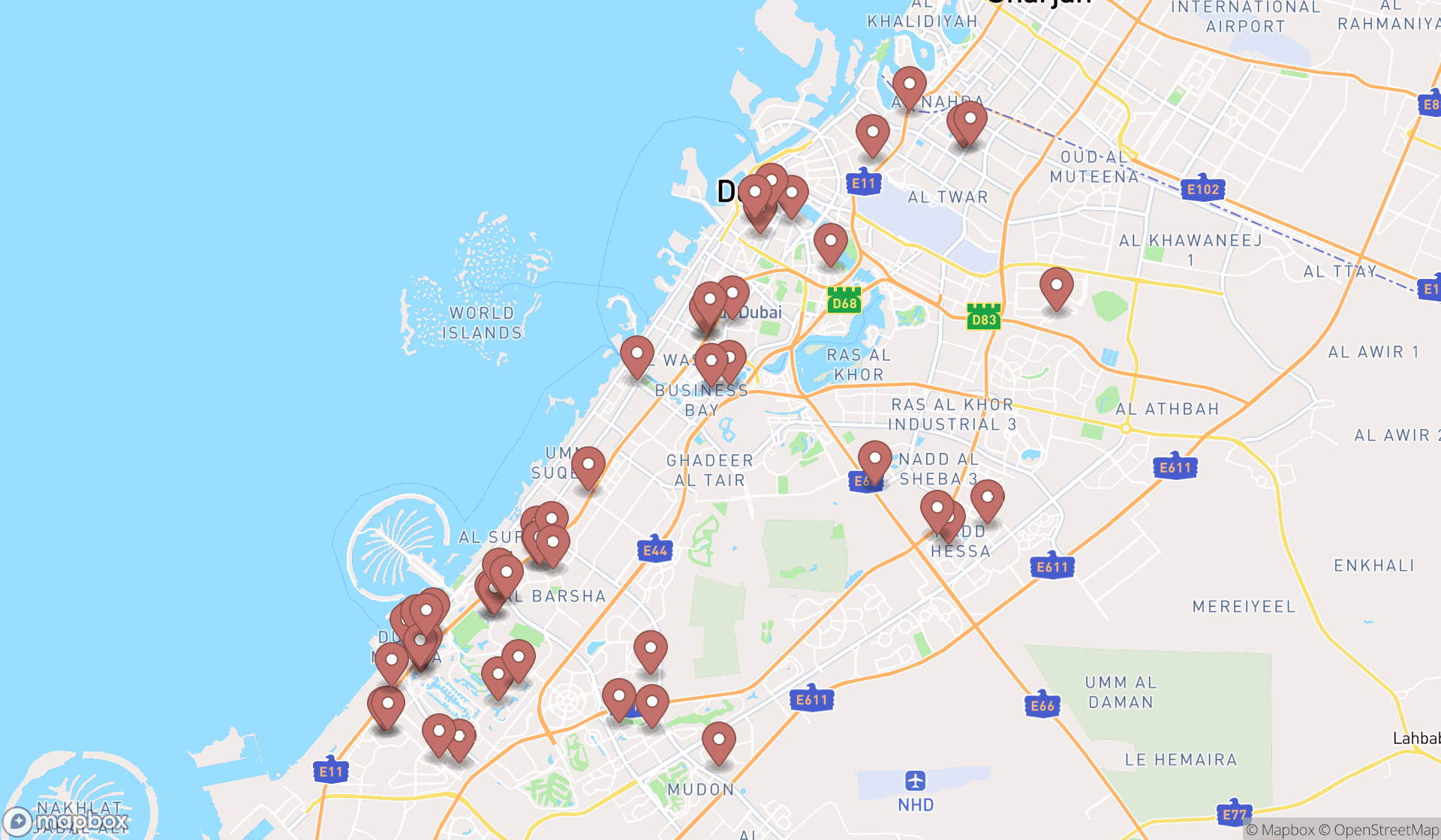 Map showing the search results in Dubai