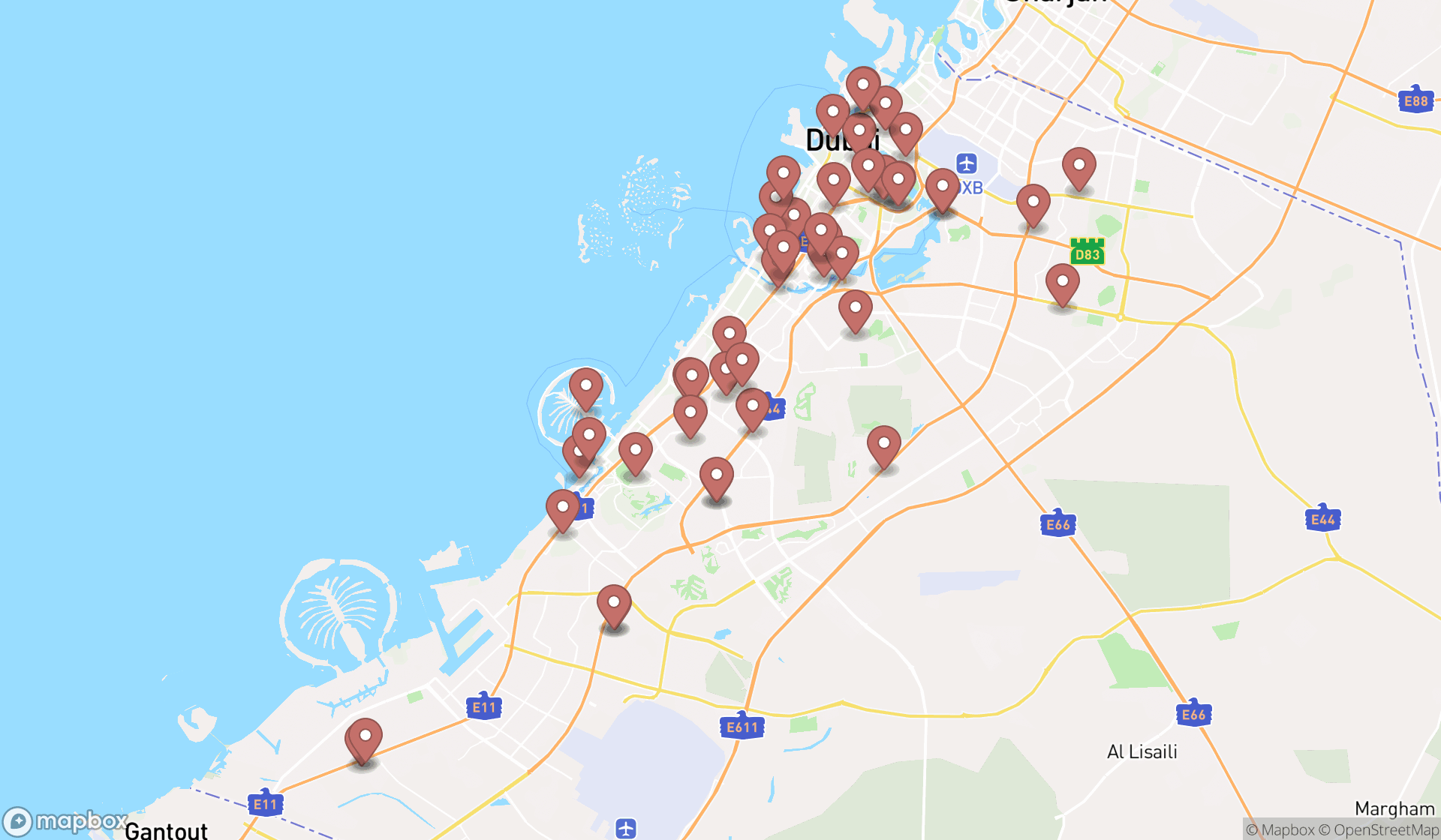 Map showing the search results in Dubai