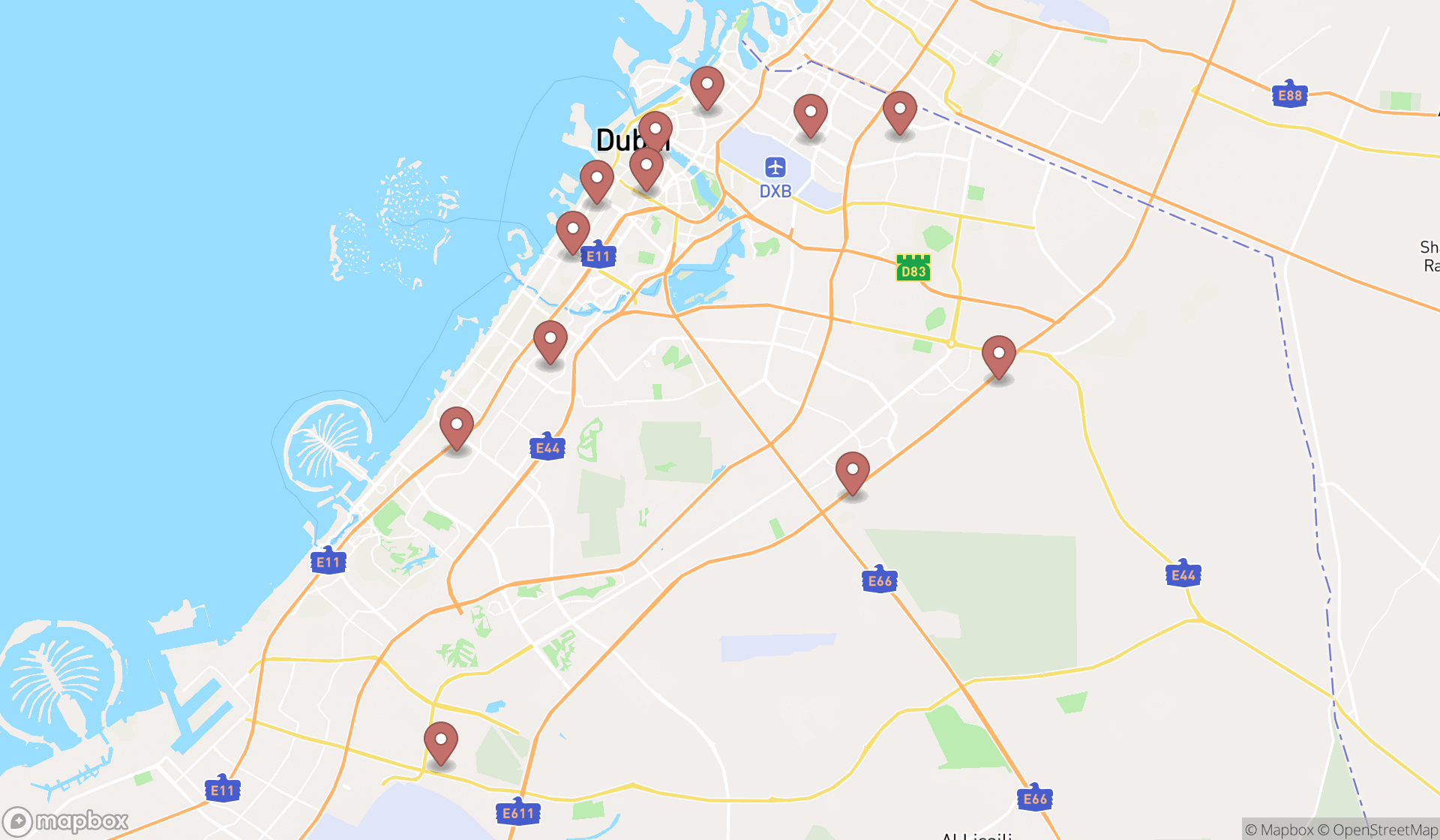 Map showing the search results in Dubai