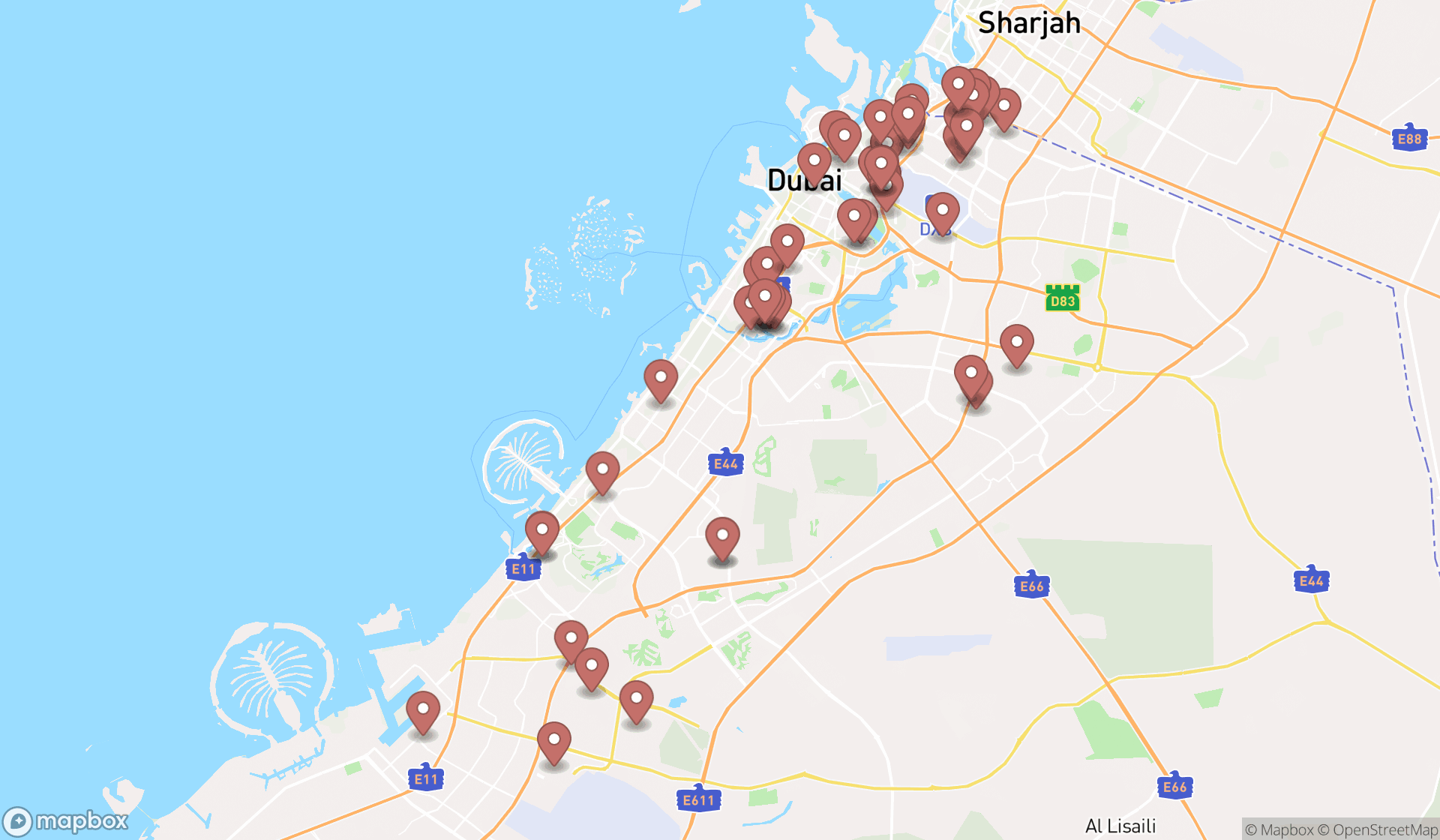 Map showing the search results in Dubai