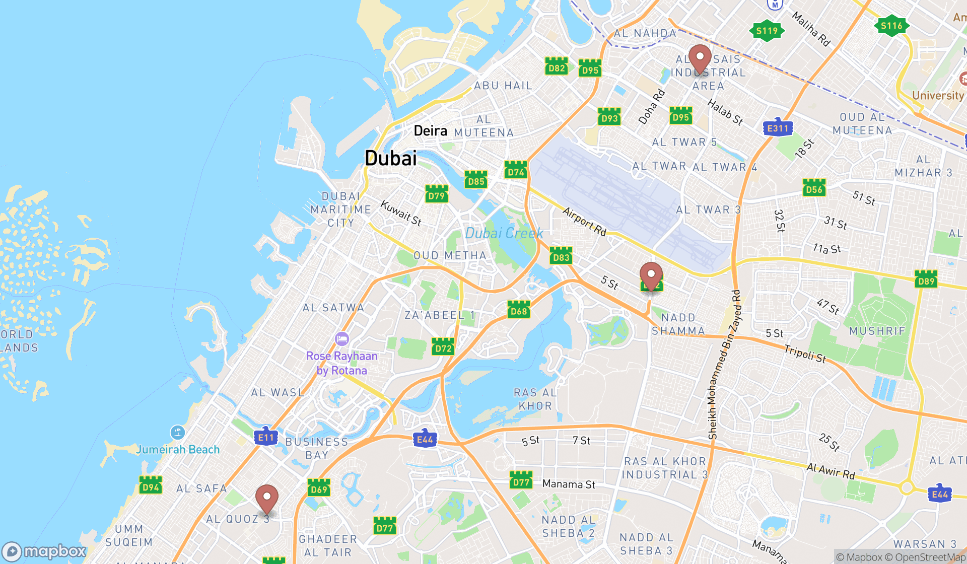 Map showing the search results in Dubai