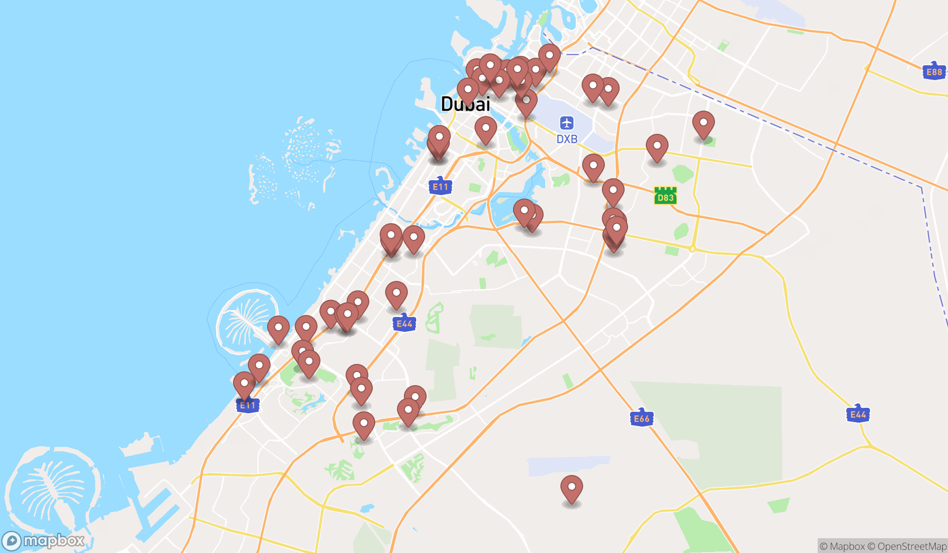 Map showing the search results in Dubai