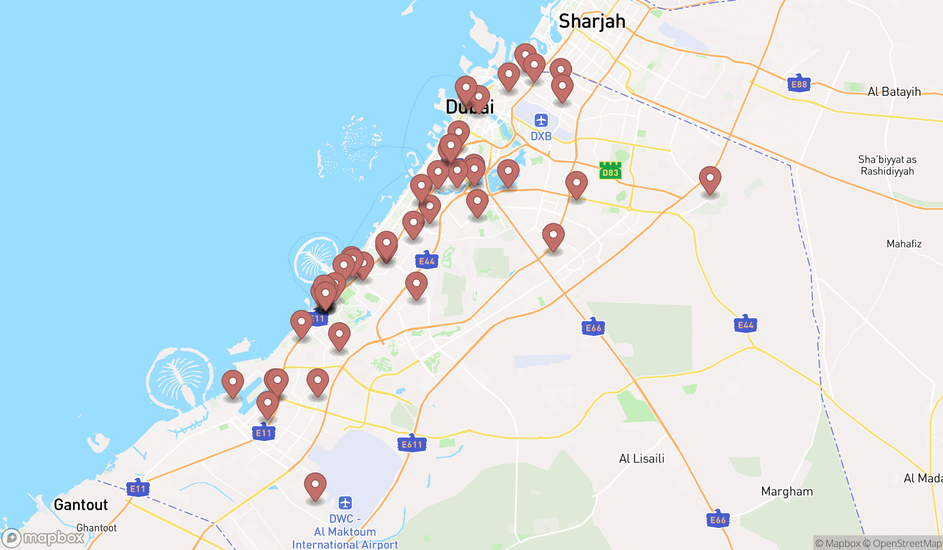 Map showing the search results in Dubai