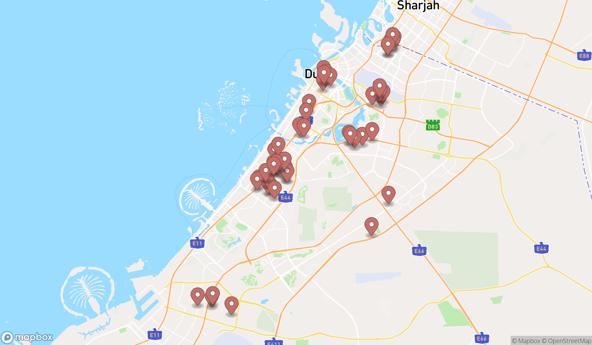 Map showing the search results in Dubai