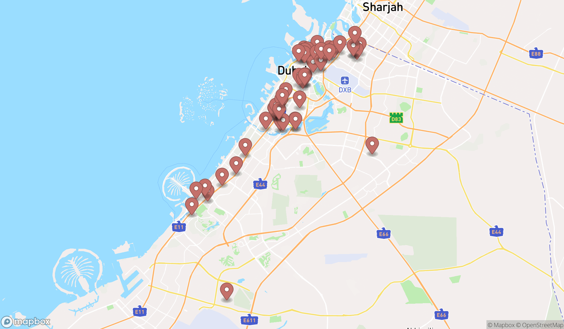 Map showing the search results in Dubai