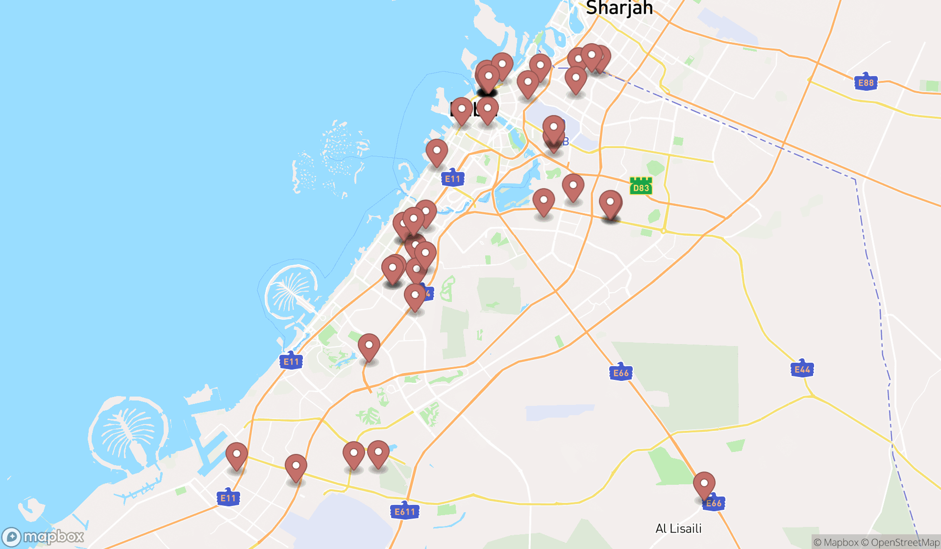 Map showing the search results in Dubai