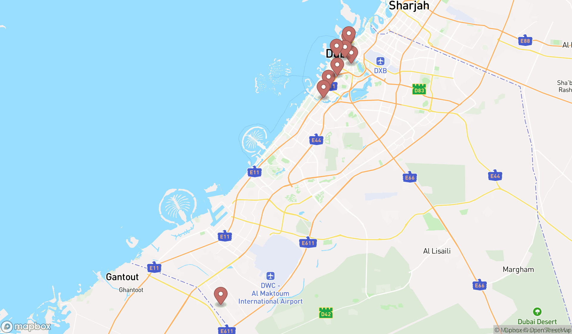 Map showing the search results in Dubai