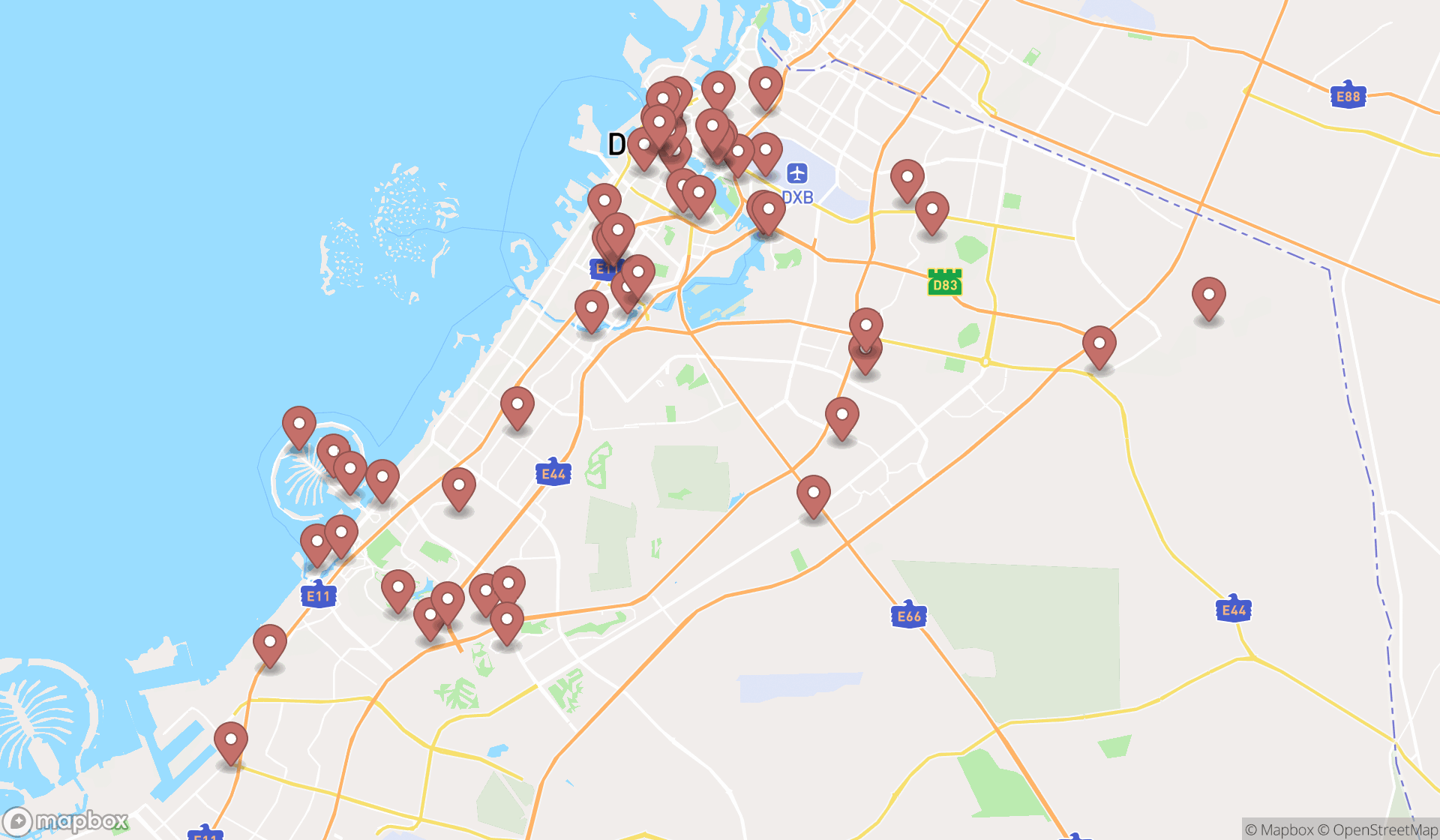 Map showing the search results in Dubai