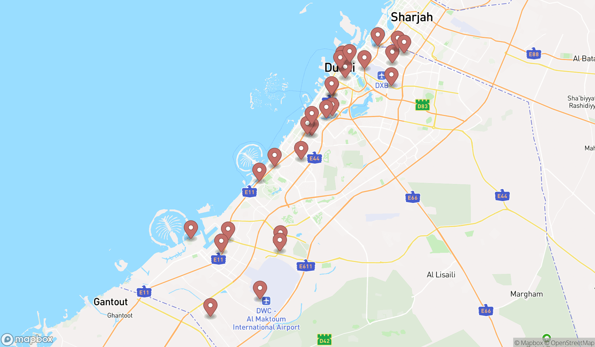 Map showing the search results in Dubai