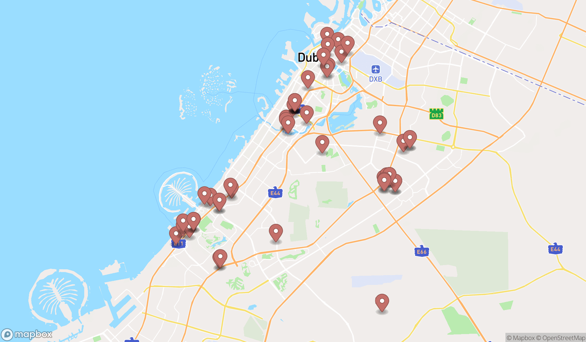 Map showing the search results in Dubai