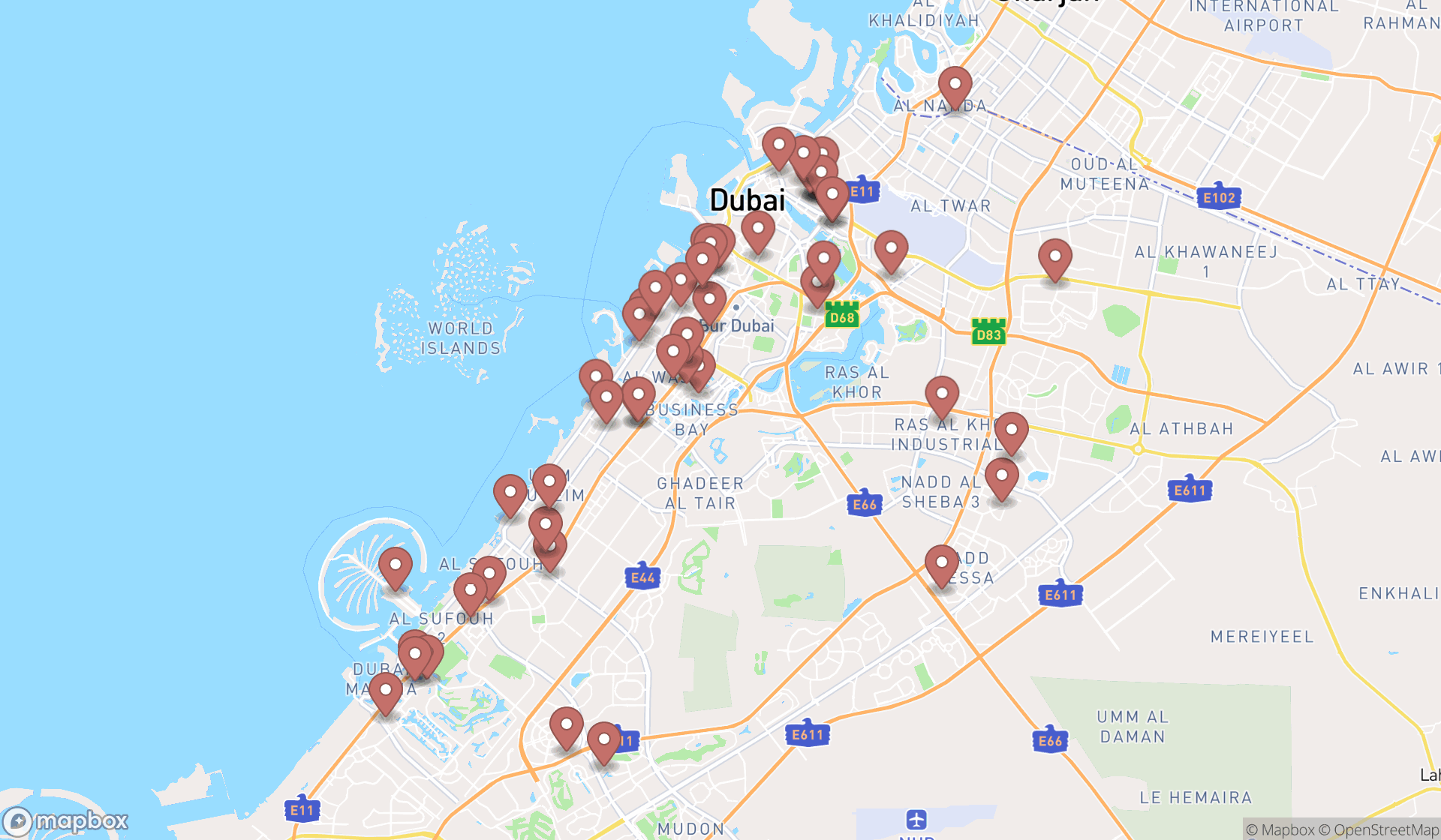 Map showing the search results in Dubai