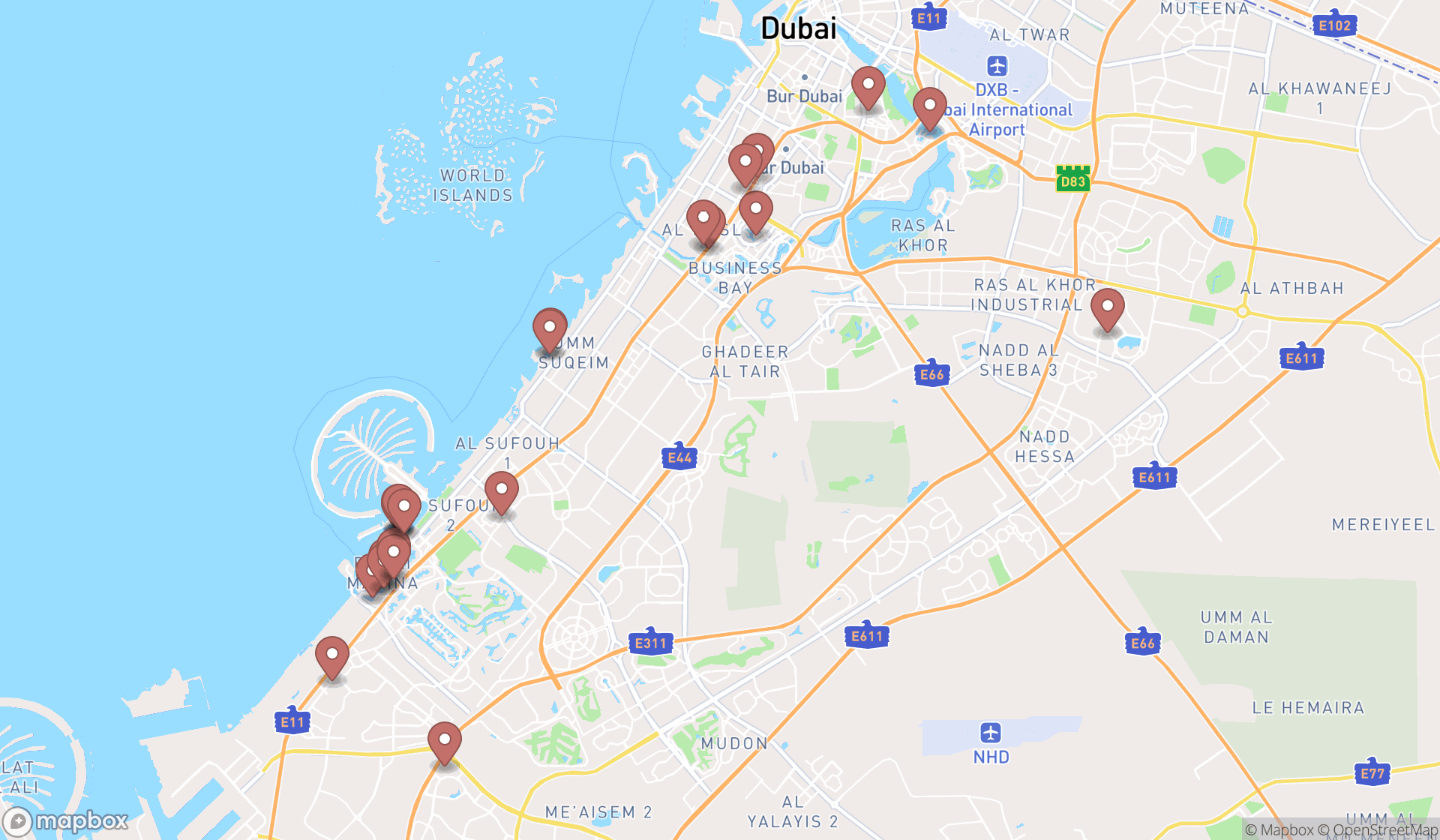 Map showing the search results in Dubai