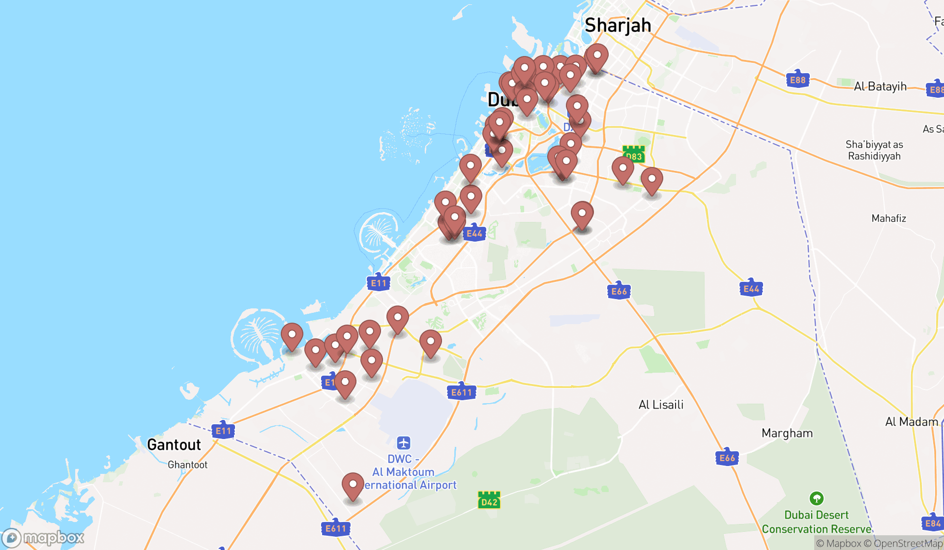 Map showing the search results in Dubai
