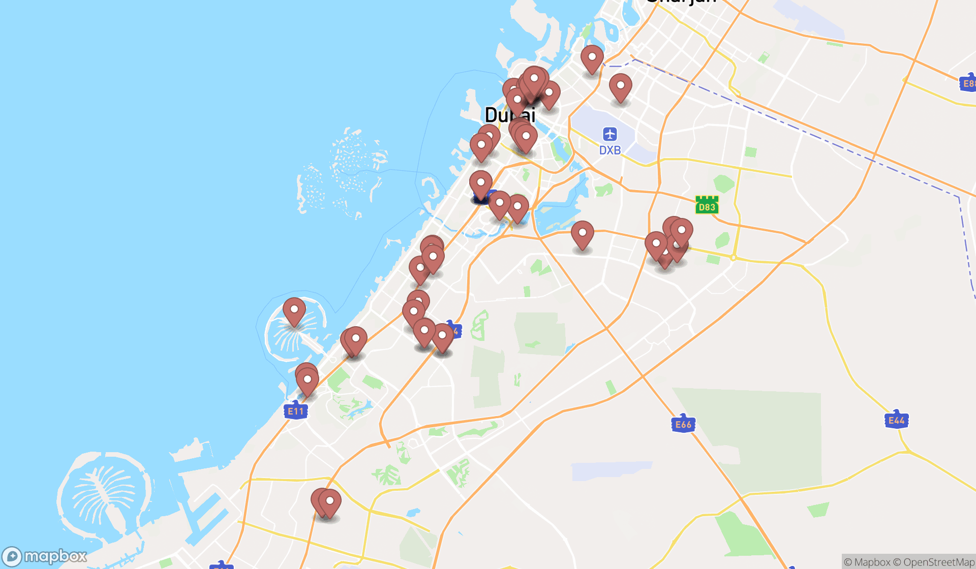 Map showing the search results in Dubai