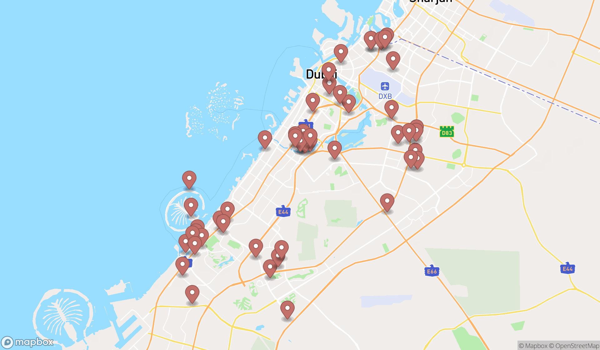 Map showing the search results in Dubai