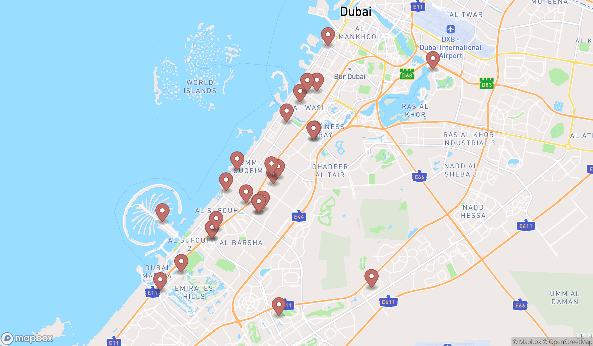 Map showing the search results in Dubai