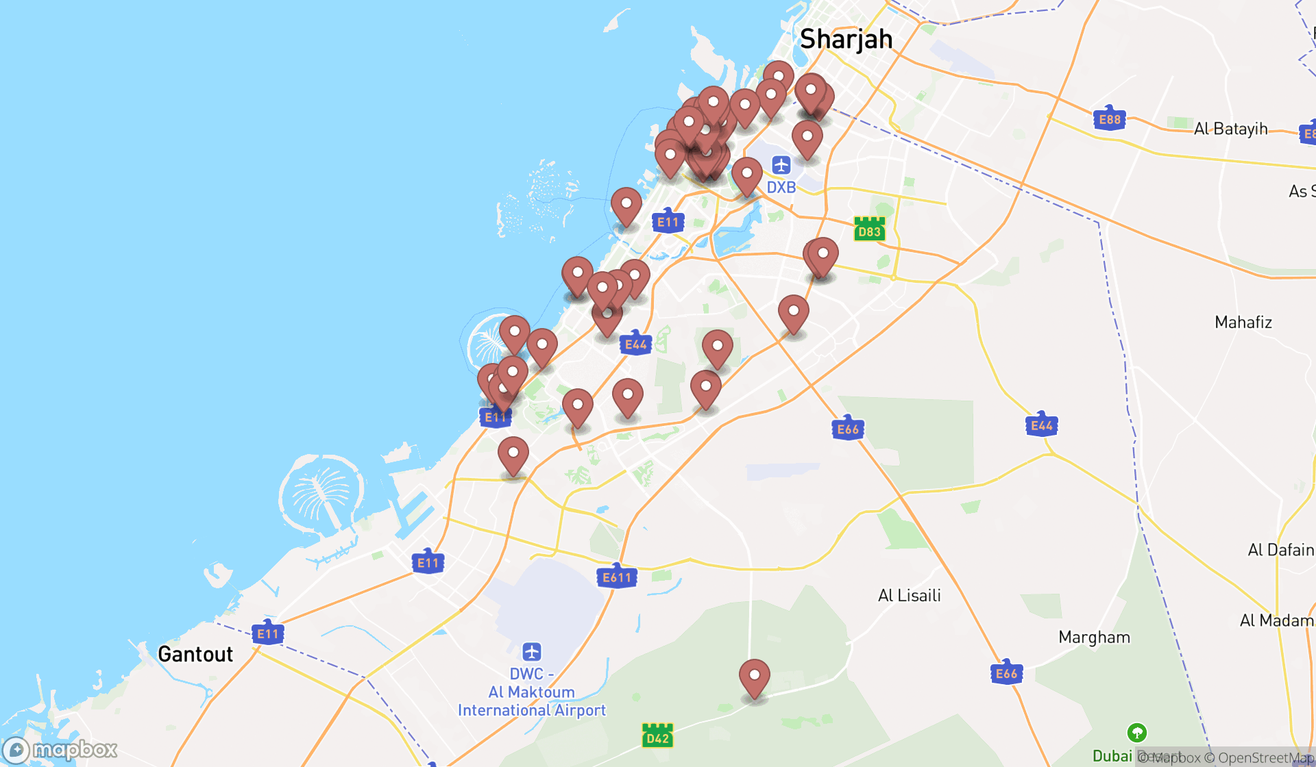 Map showing the search results in Dubai