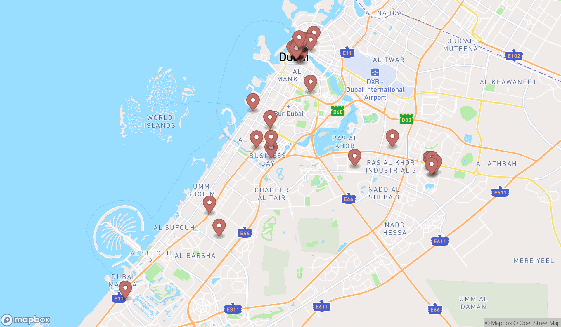 Map showing the search results in Dubai