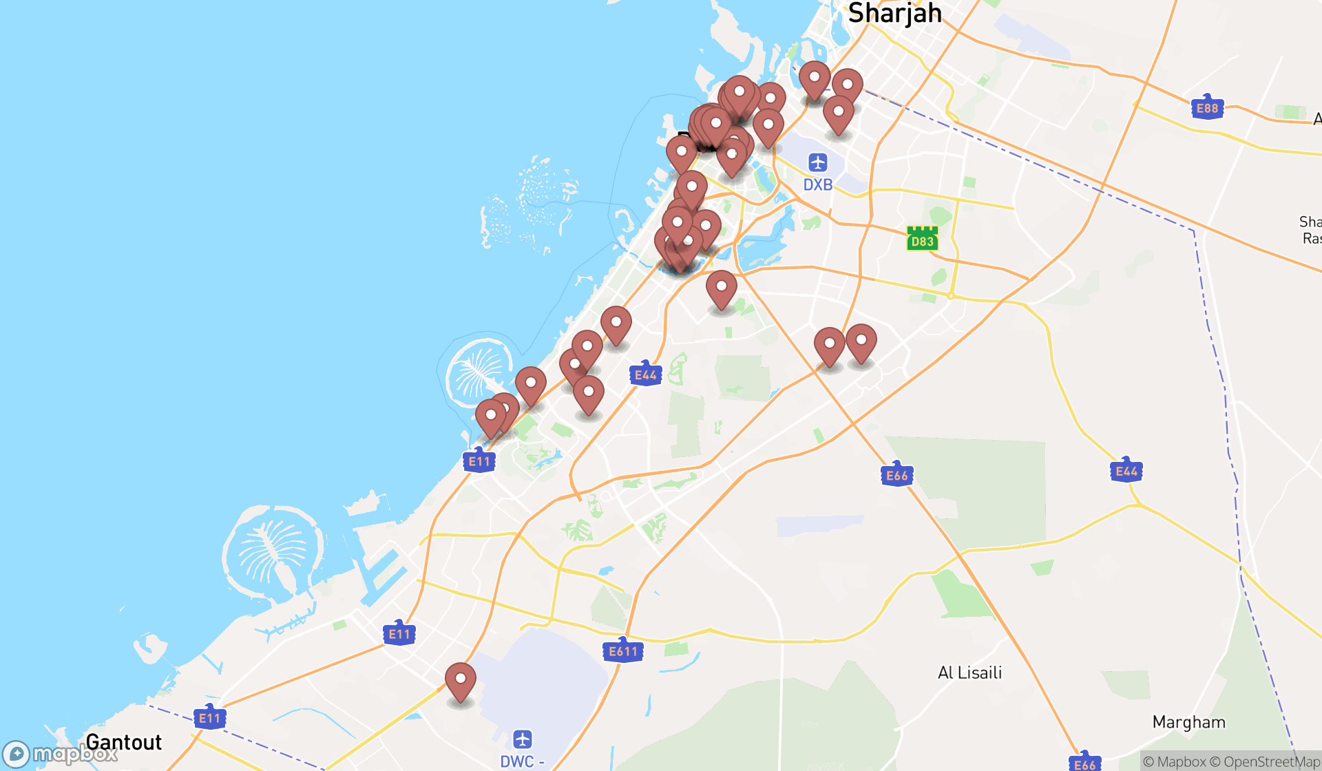 Map showing the search results in Dubai