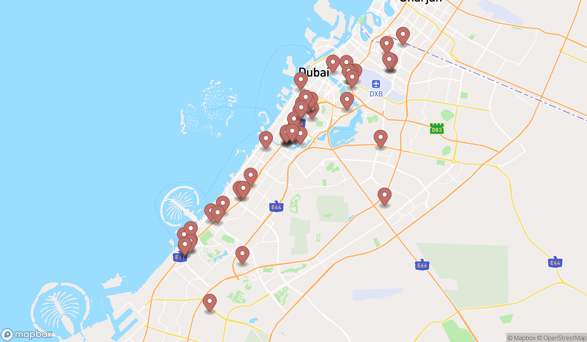Map showing the search results in Dubai