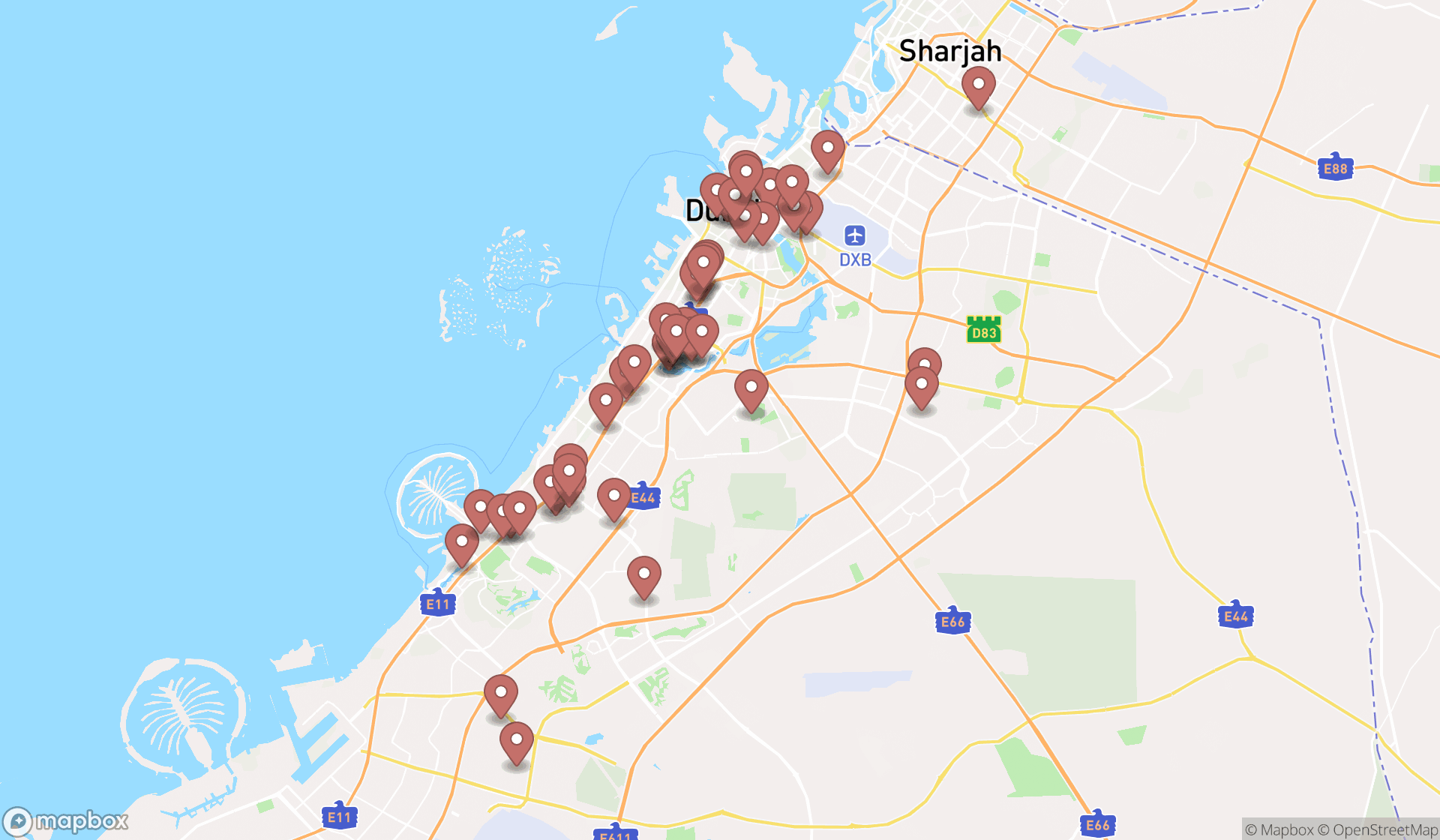 Map showing the search results in Dubai