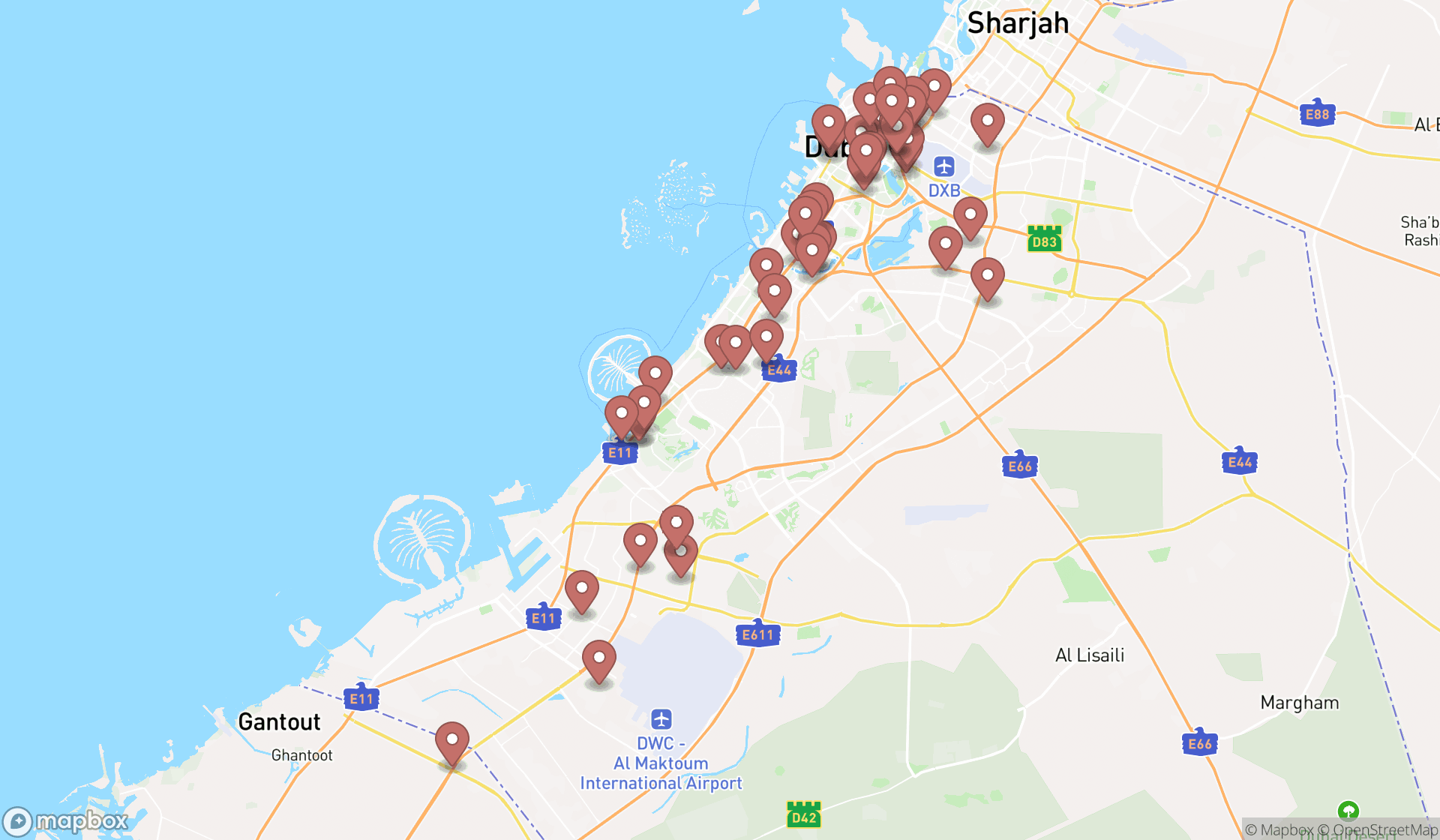 Map showing the search results in Dubai