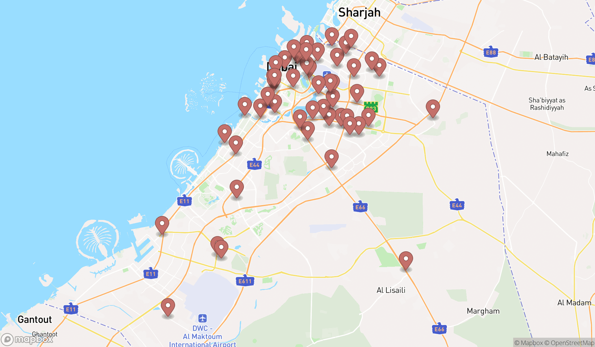 Map showing the search results in Dubai