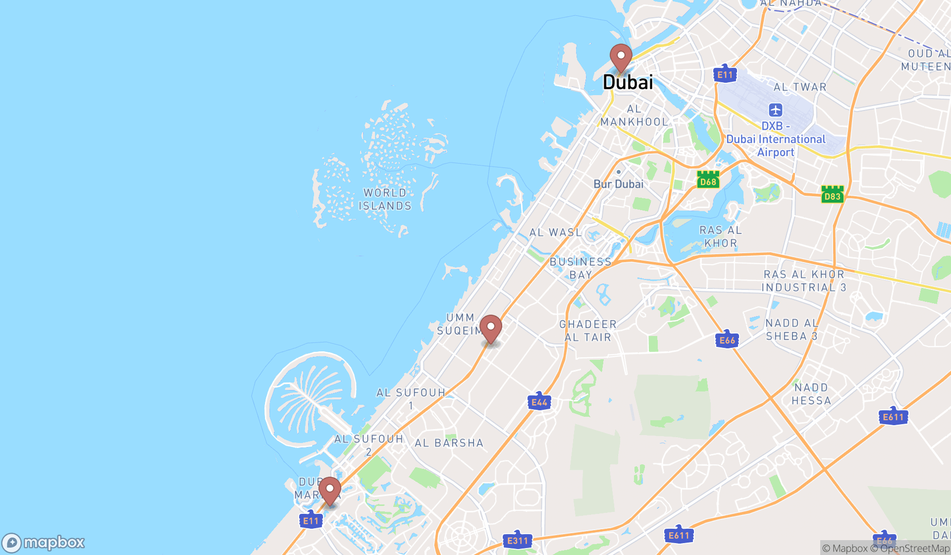 Map showing the search results in Dubai
