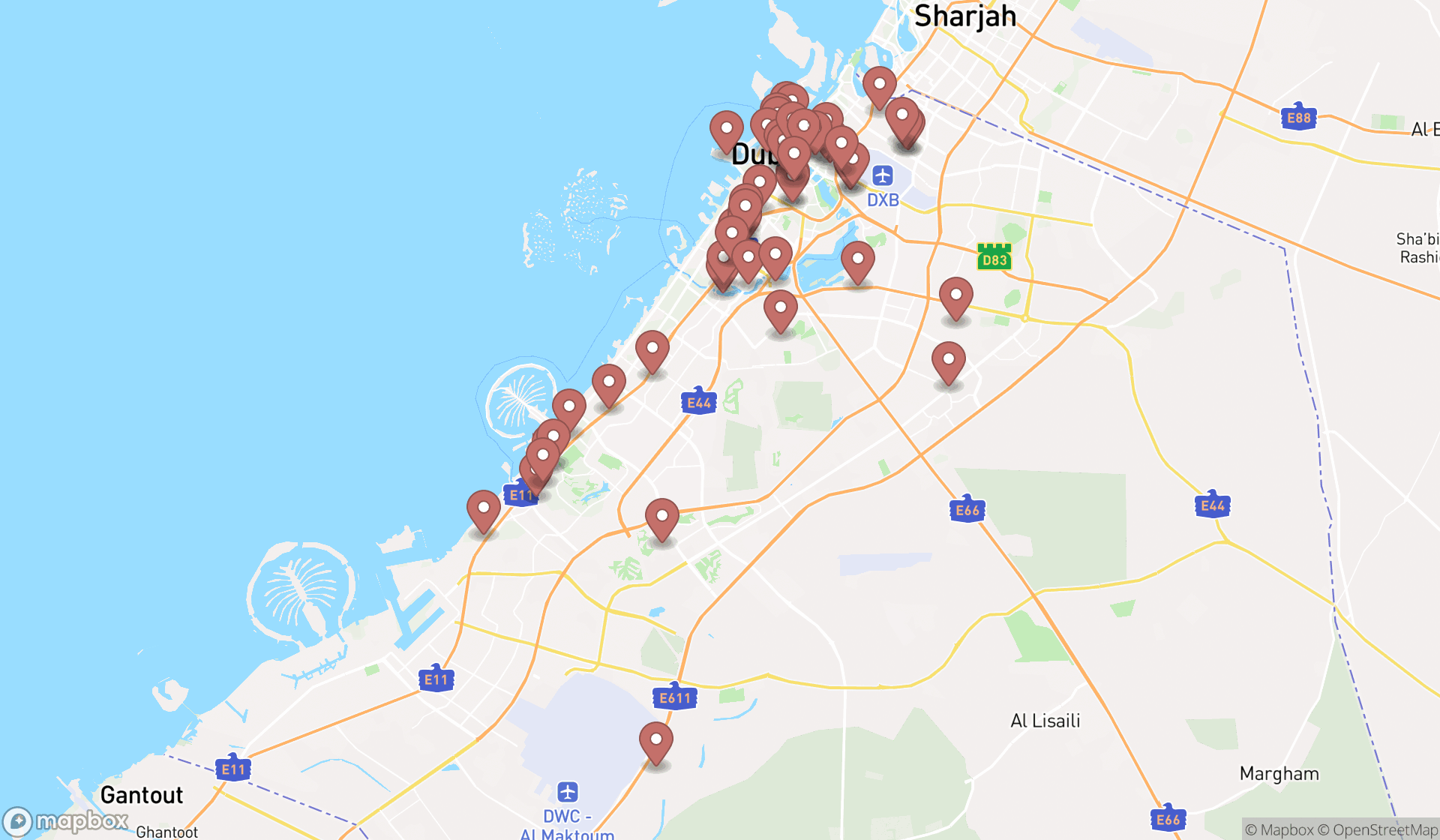 Map showing the search results in Dubai