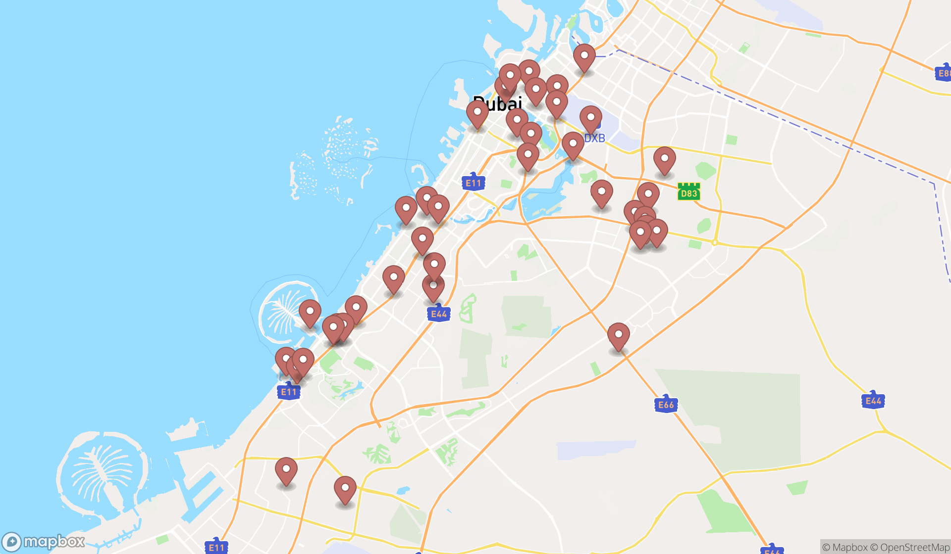Map showing the search results in Dubai