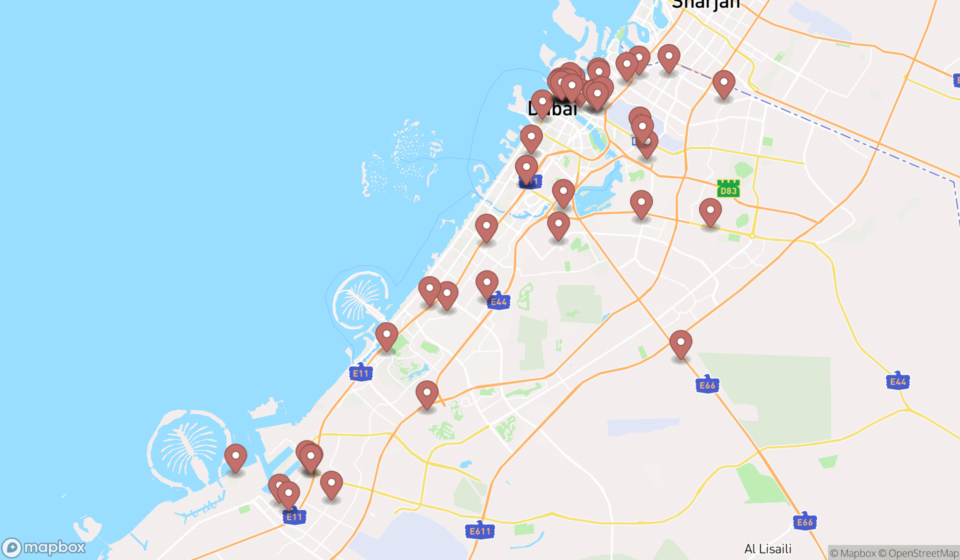 Map showing the search results in Dubai