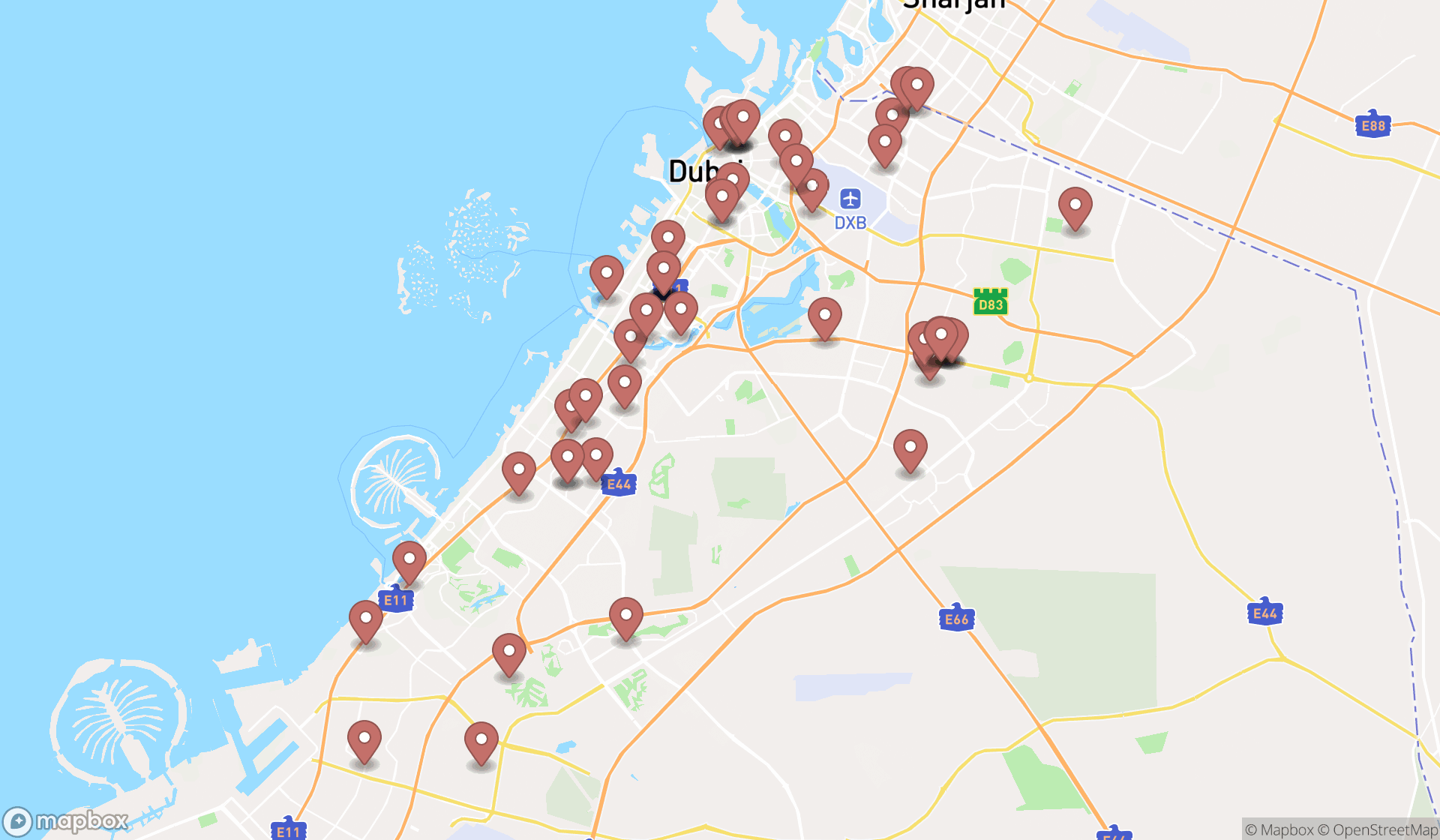 Map showing the search results in Dubai