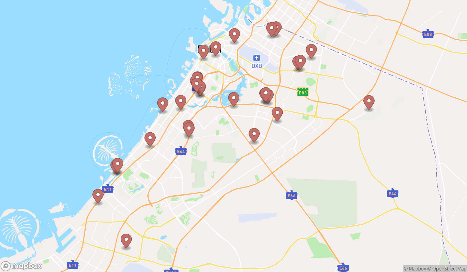 Map showing the search results in Dubai