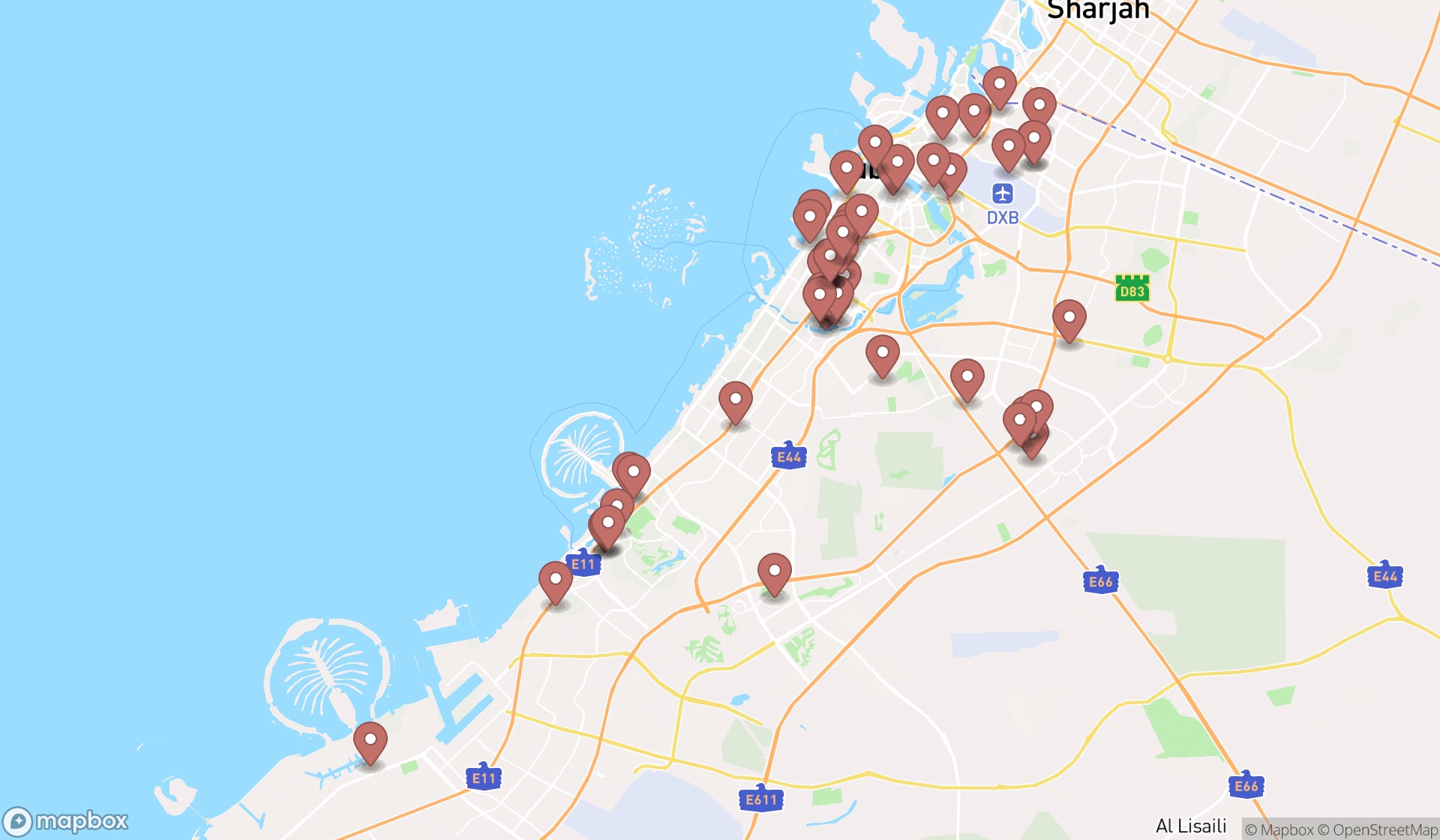Map showing the search results in Dubai