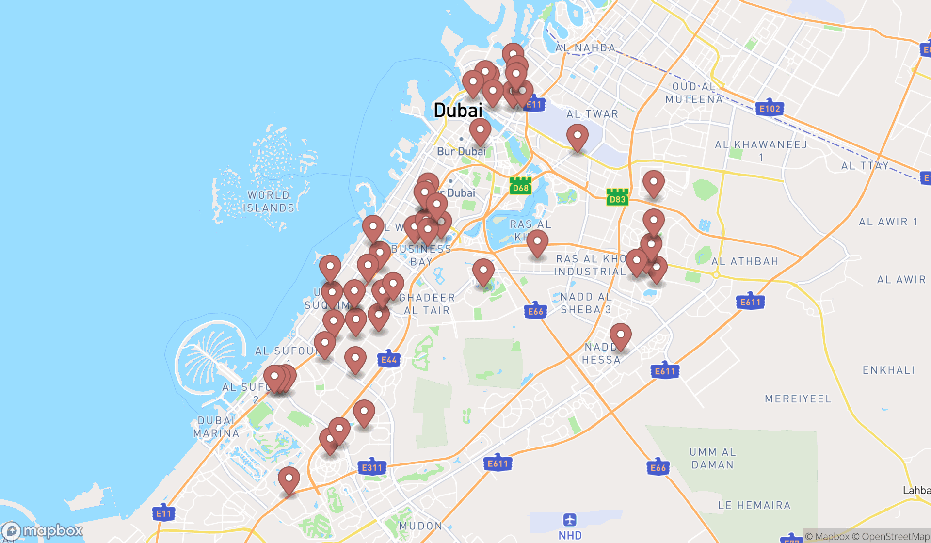 Map showing the search results in Dubai