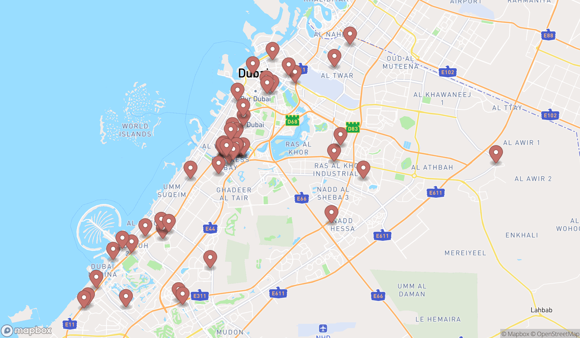Map showing the search results in Dubai