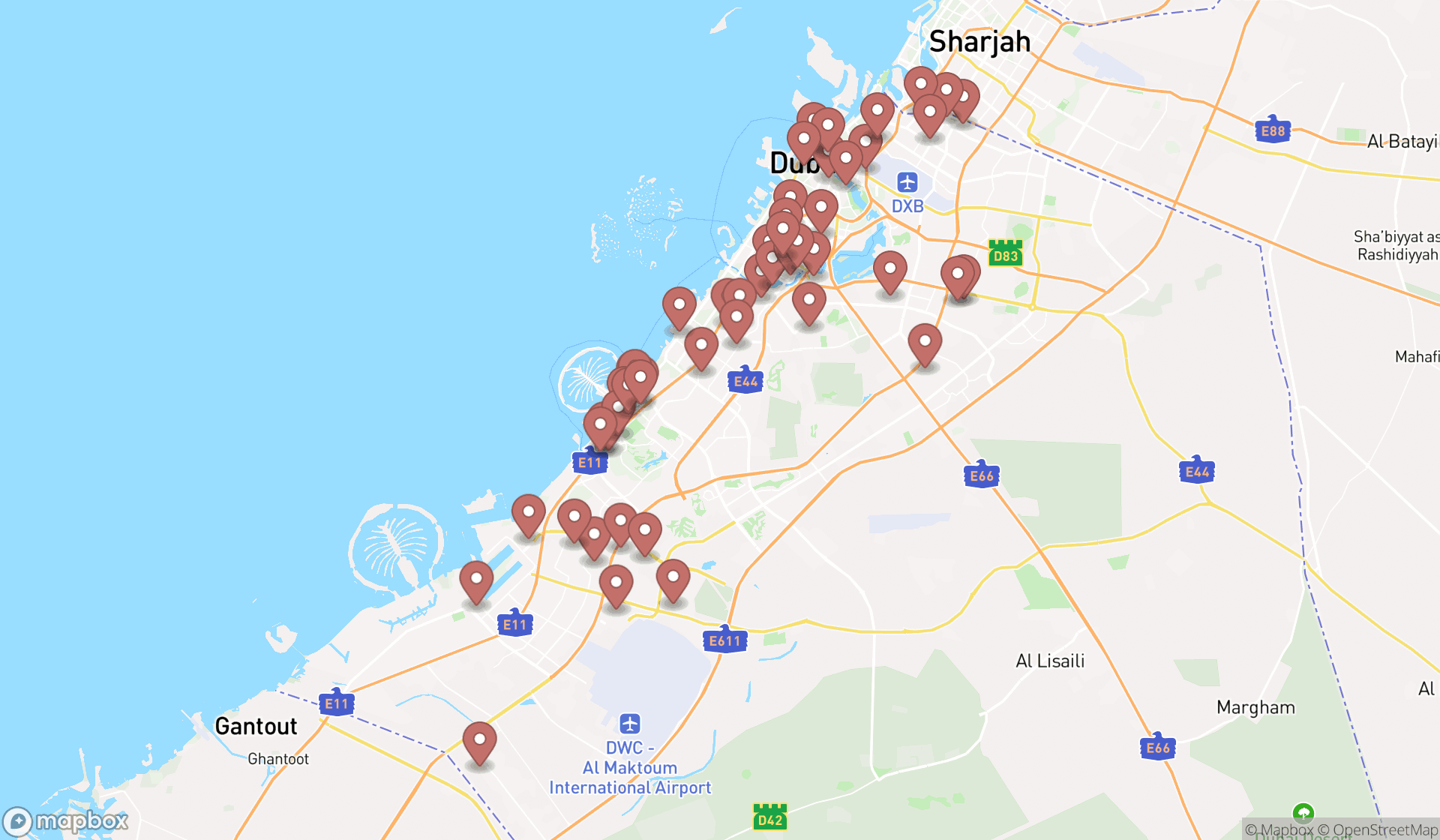 Map showing the search results in Dubai