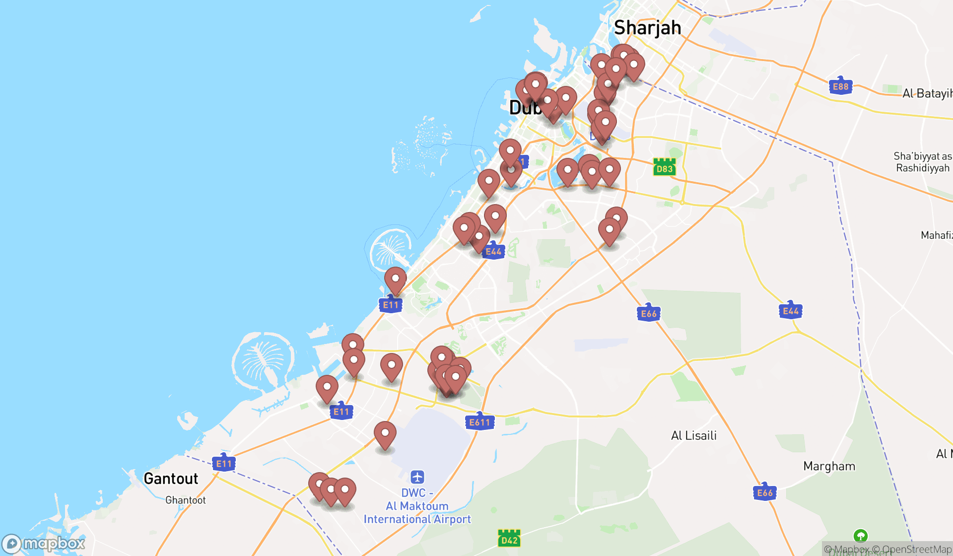 Map showing the search results in Dubai