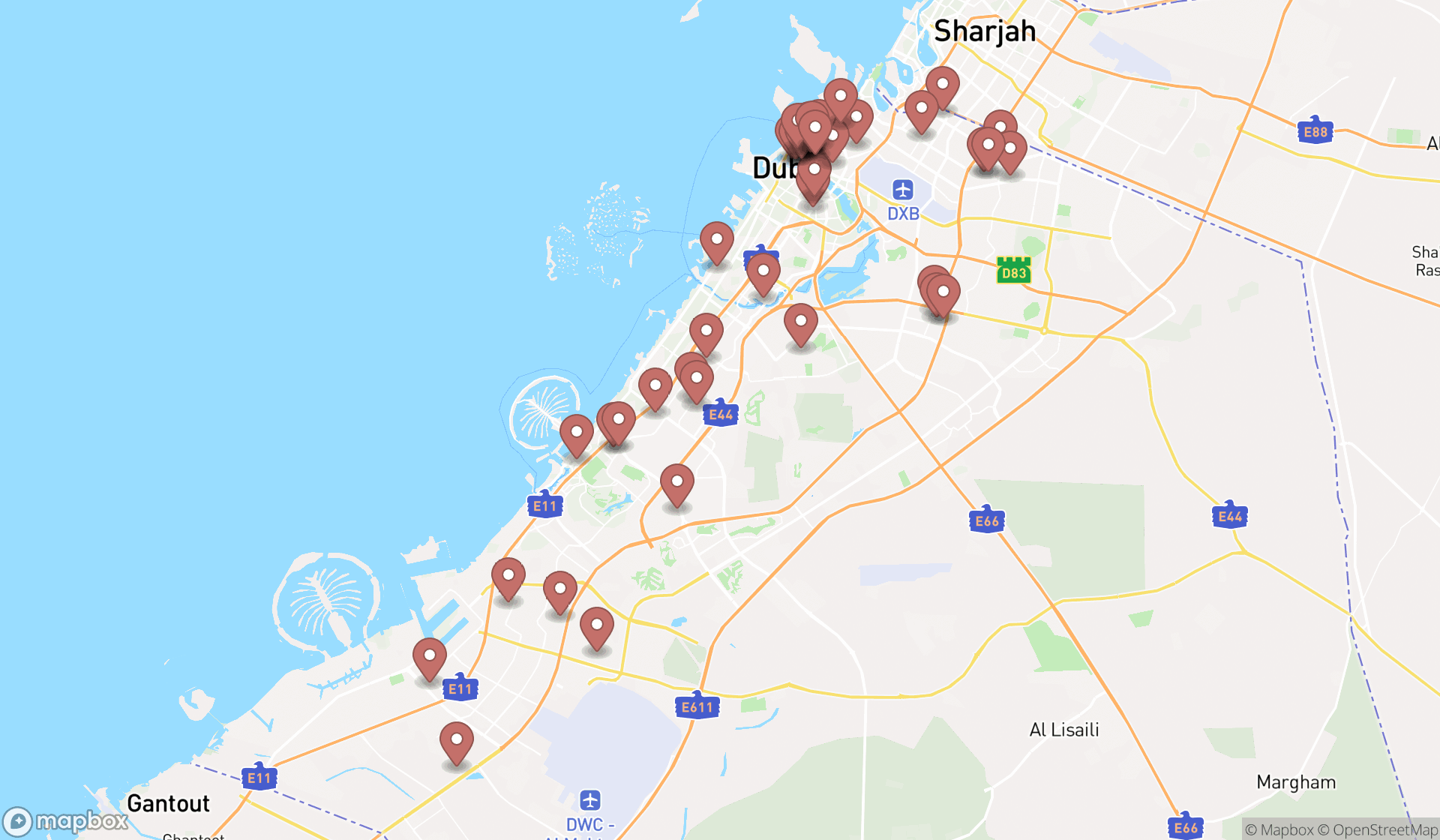 Map showing the search results in Dubai