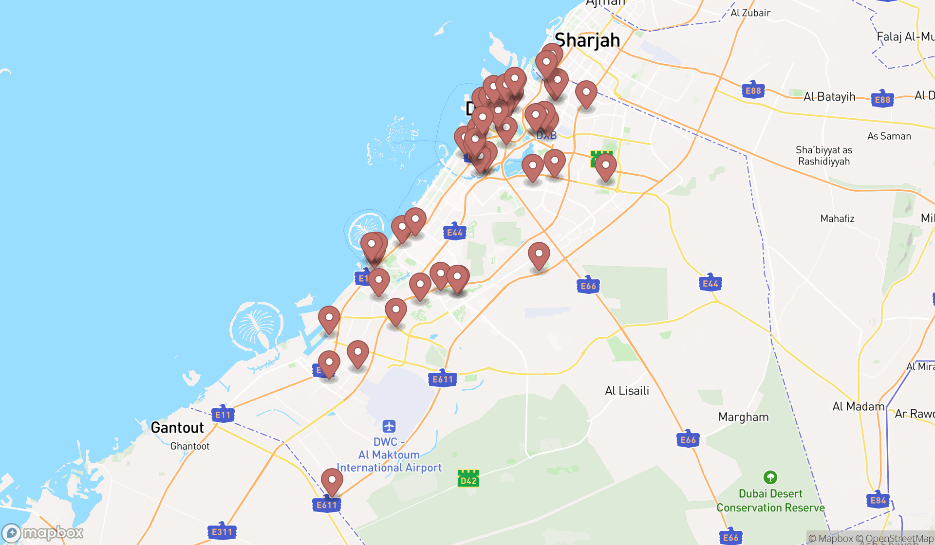 Map showing the search results in Dubai