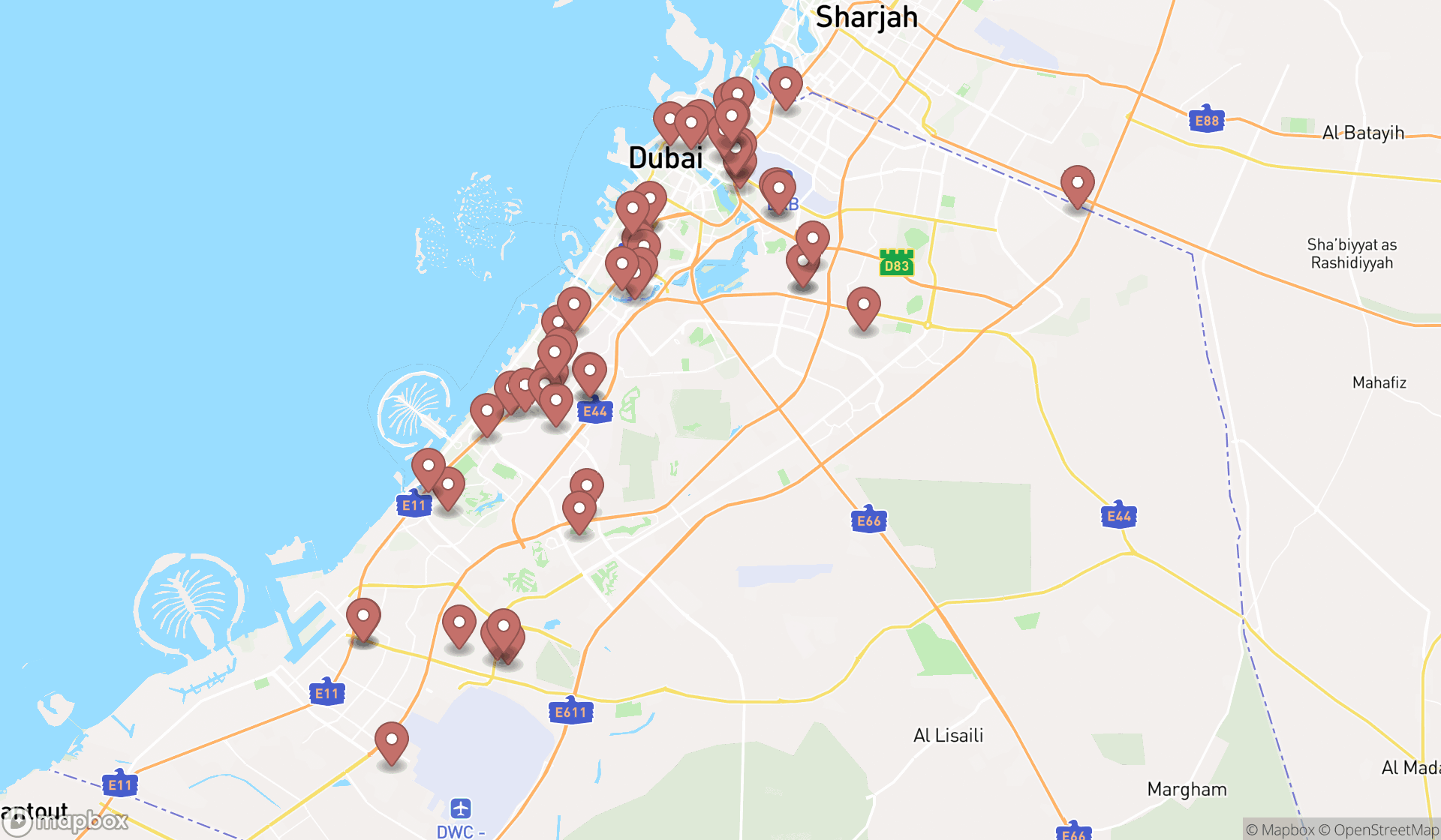 Map showing the search results in Dubai