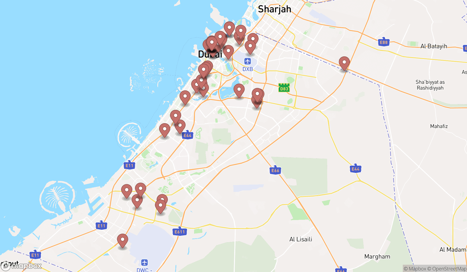 Map showing the search results in Dubai