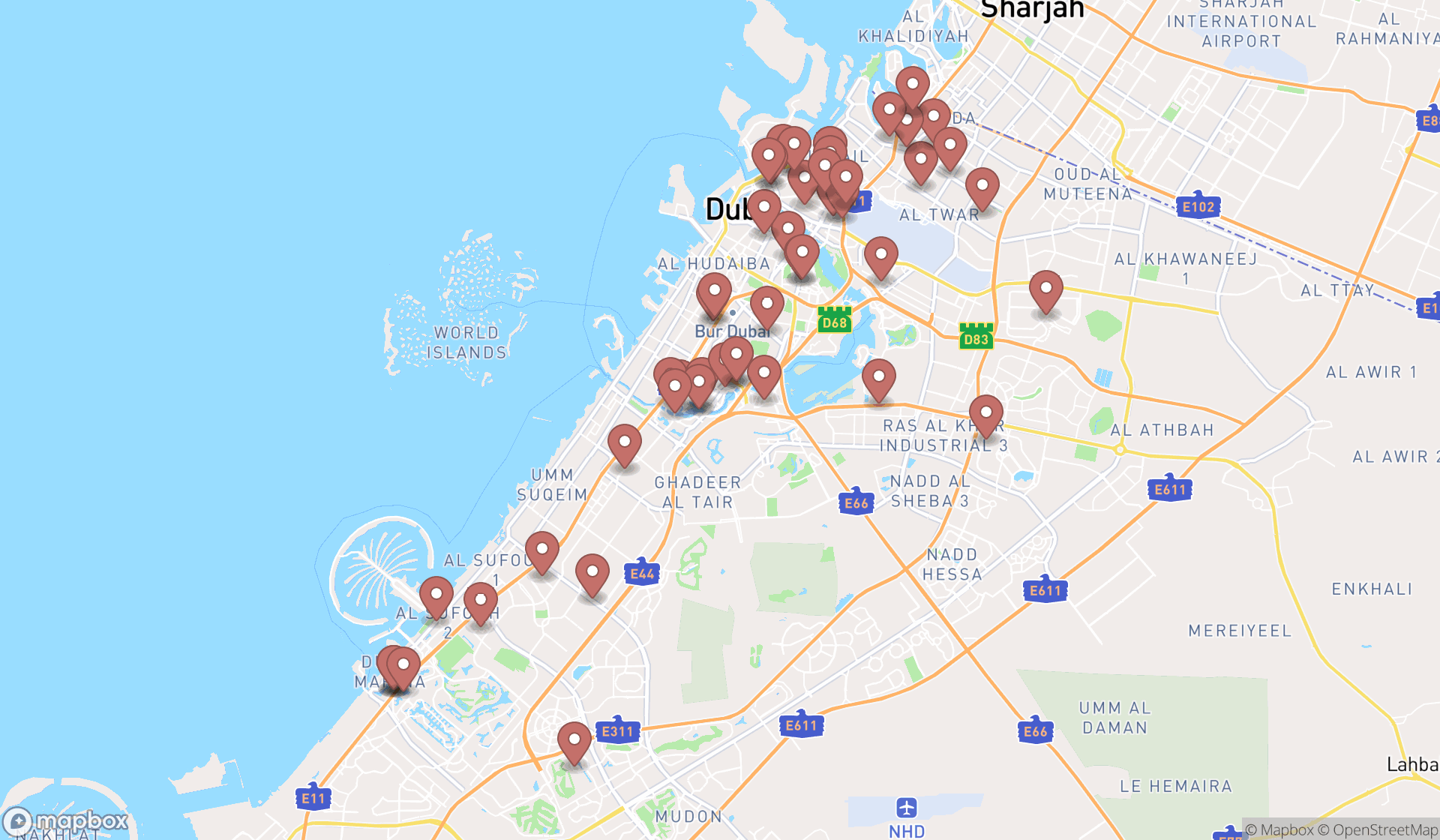 Map showing the search results in Dubai