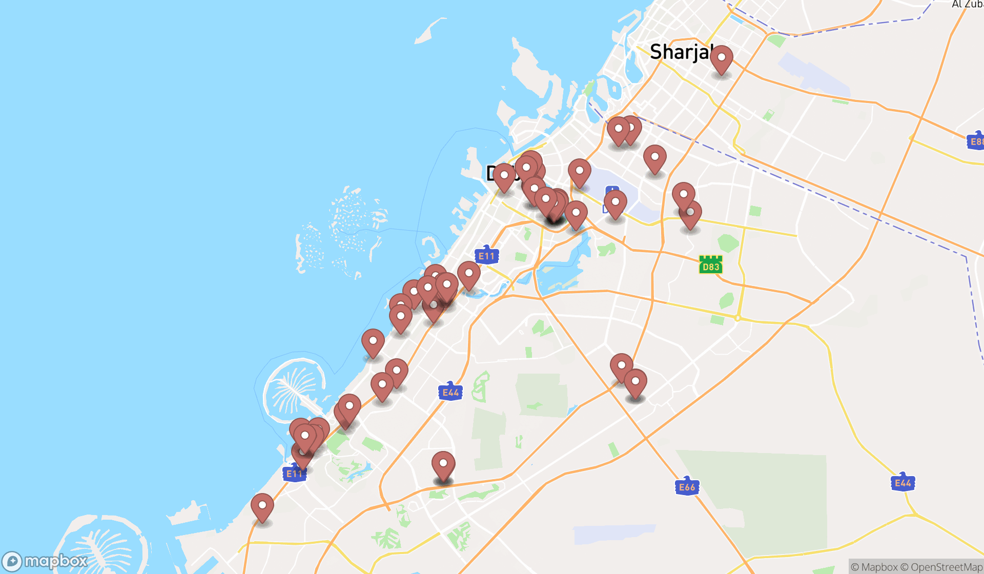 Map showing the search results in Dubai
