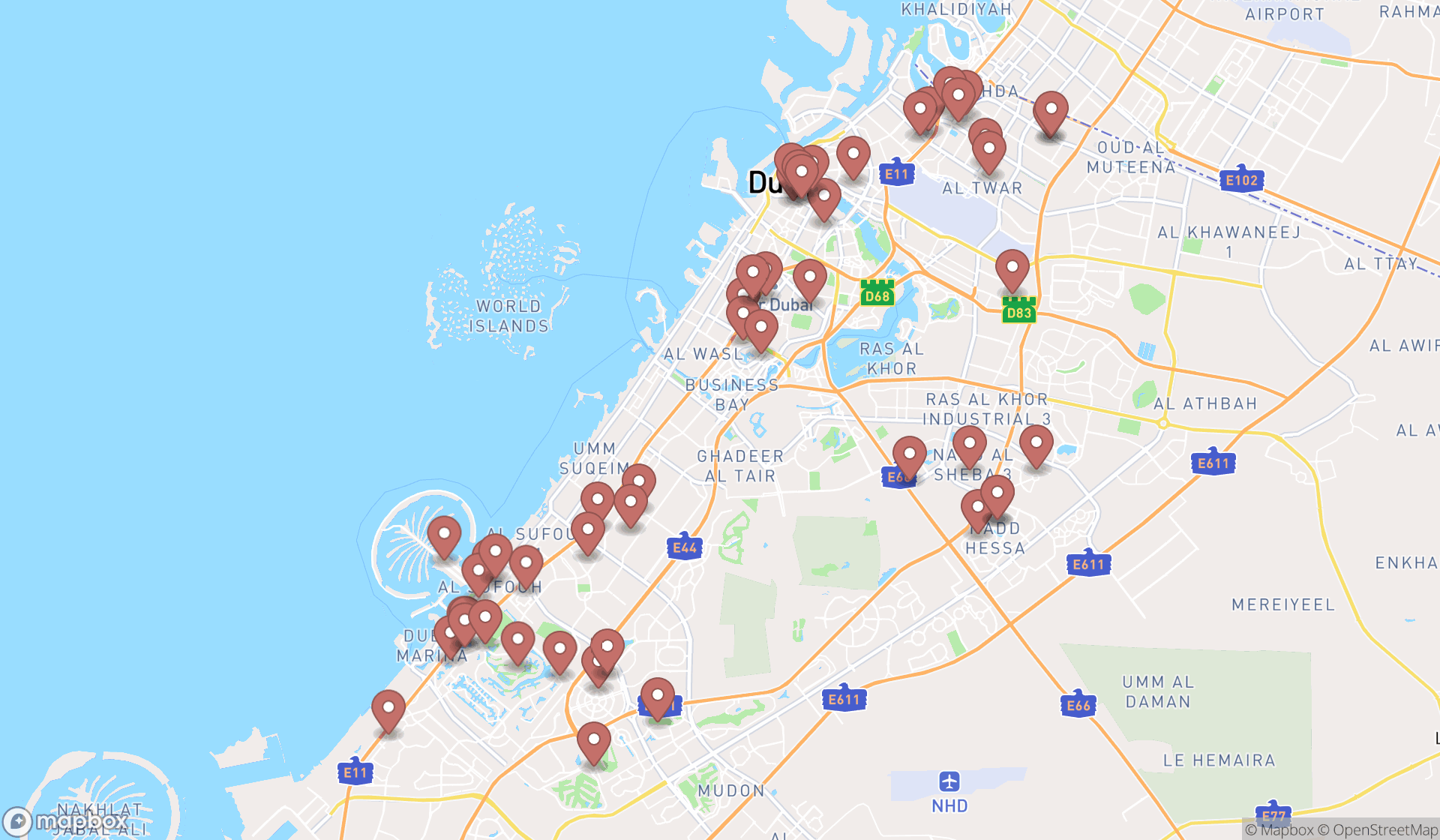 Map showing the search results in Dubai