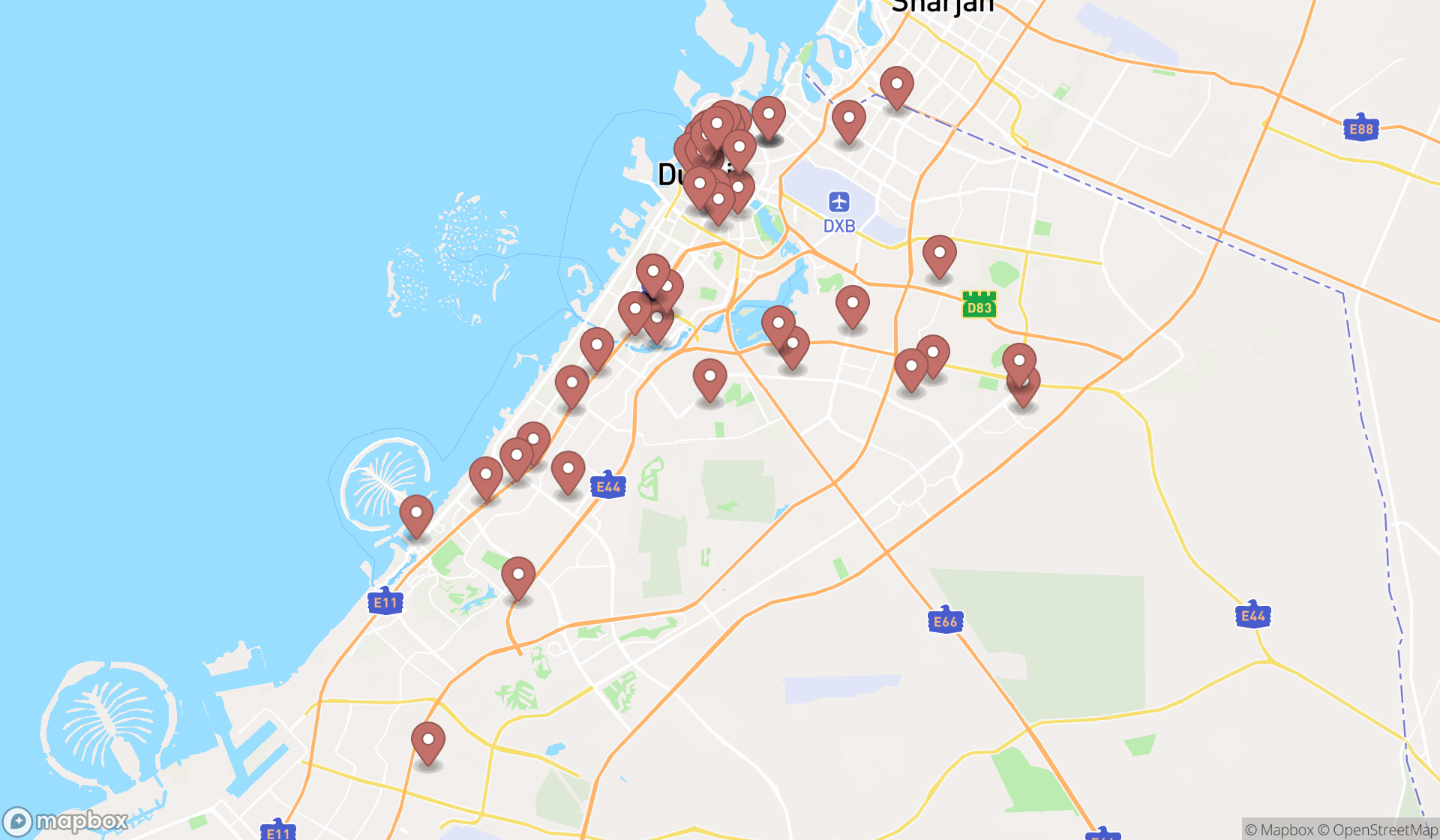 Map showing the search results in Dubai
