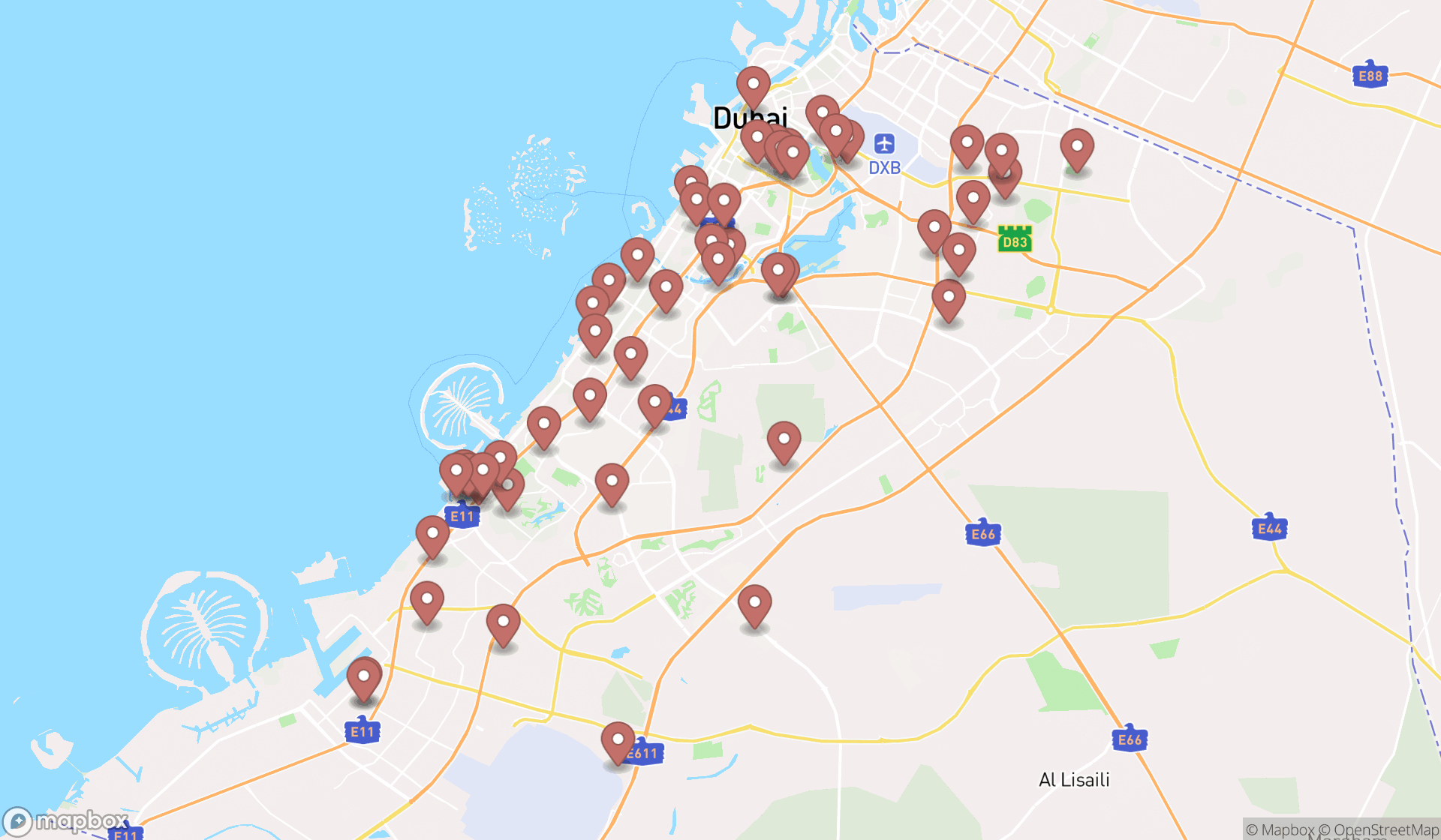 Map showing the search results in Dubai