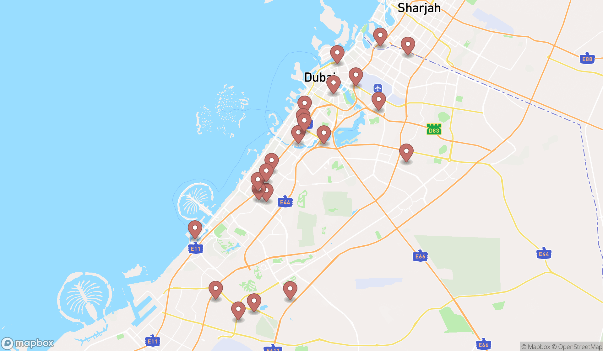 Map showing the search results in Dubai