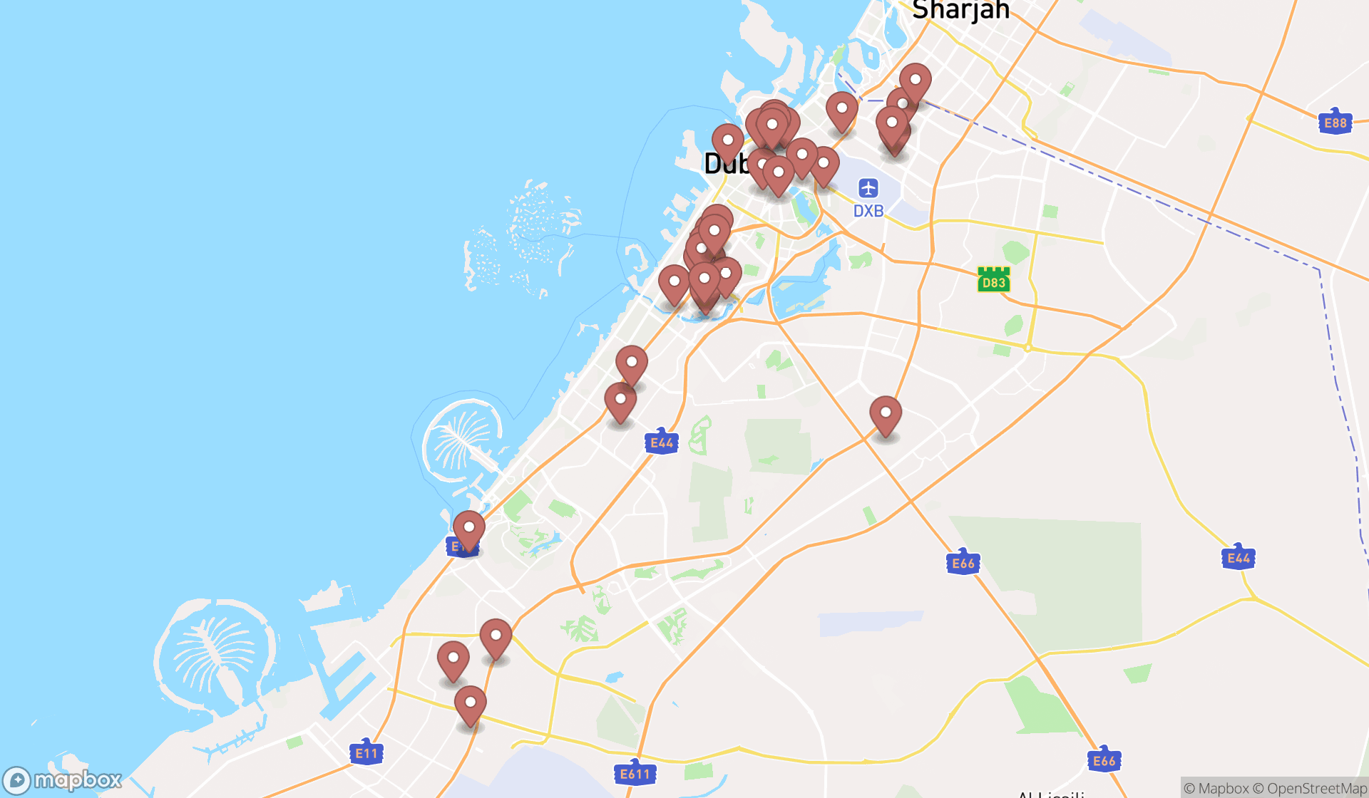 Map showing the search results in Dubai